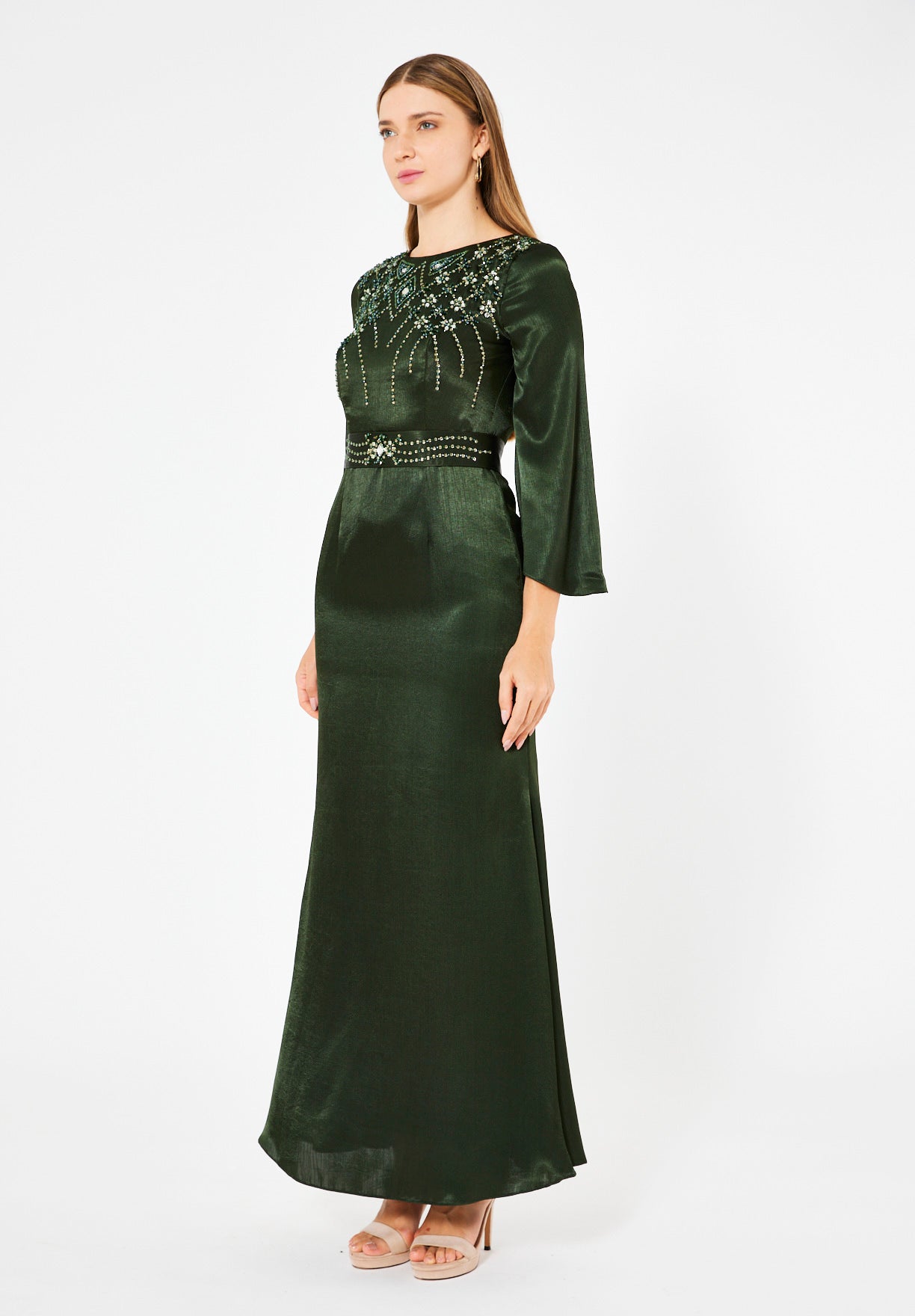 Geometric Embellished Luminous Structured Gown in Satin