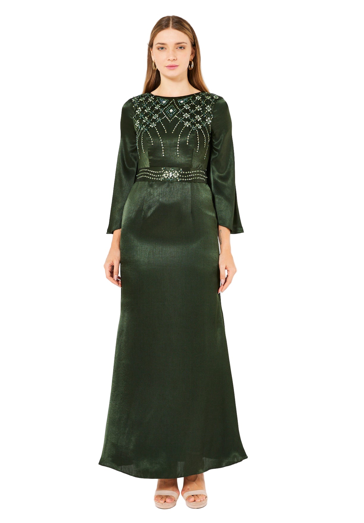 Geometric Embellished Luminous Structured Gown in Satin