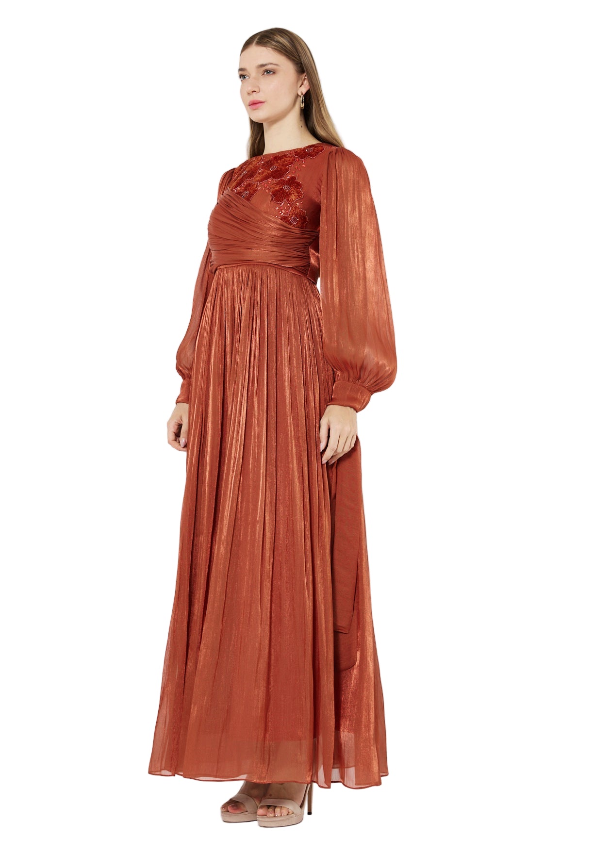 Wrap-Style Draped Embellished Gown In Soft Organza