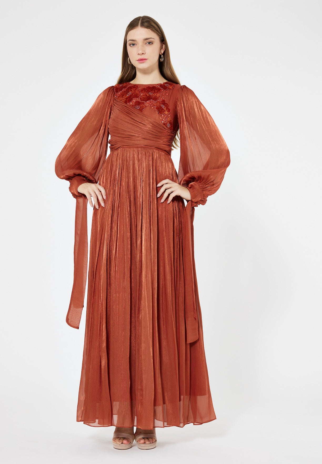 Wrap-Style Draped Embellished Gown In Soft Organza