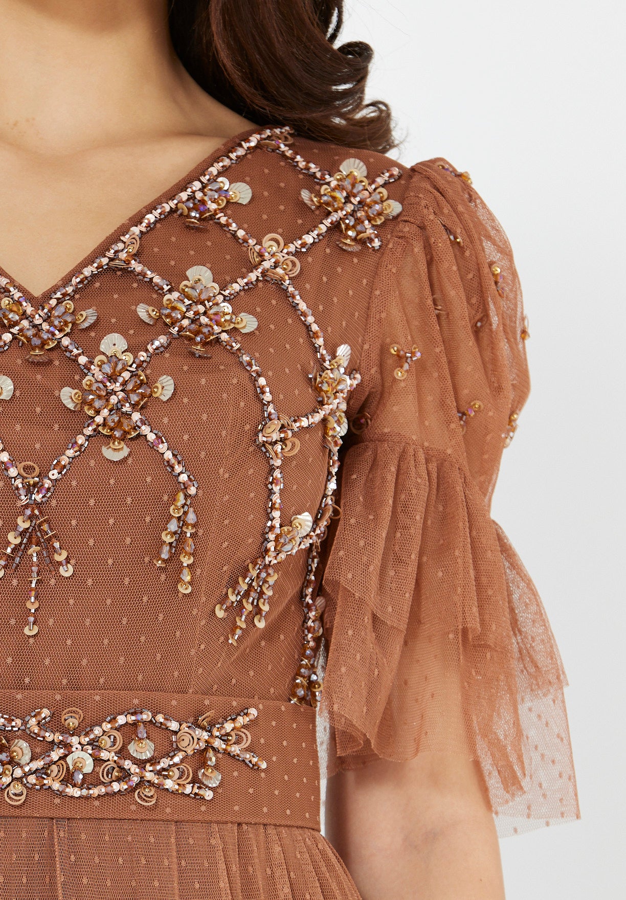 Embellished Ruffle Tiered Gown in Dot Tulle