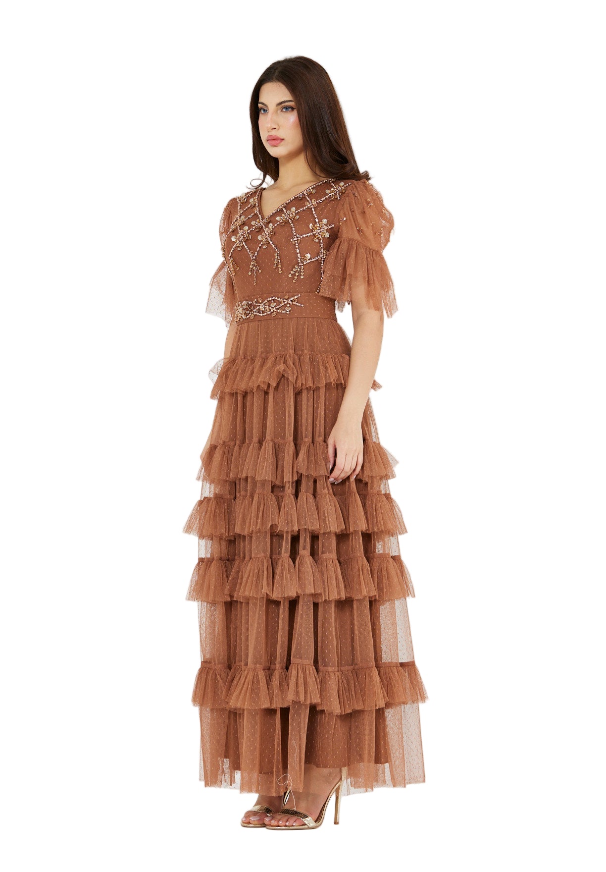 Embellished Ruffle Tiered Gown in Dot Tulle