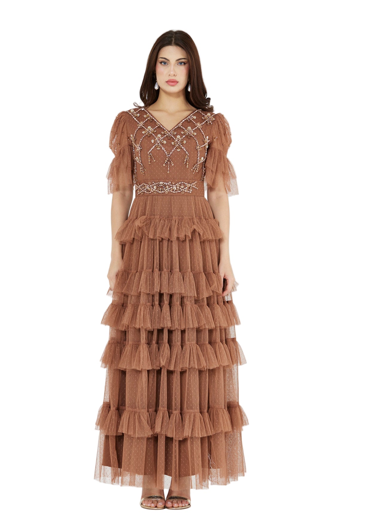 Embellished Ruffle Tiered Gown in Dot Tulle