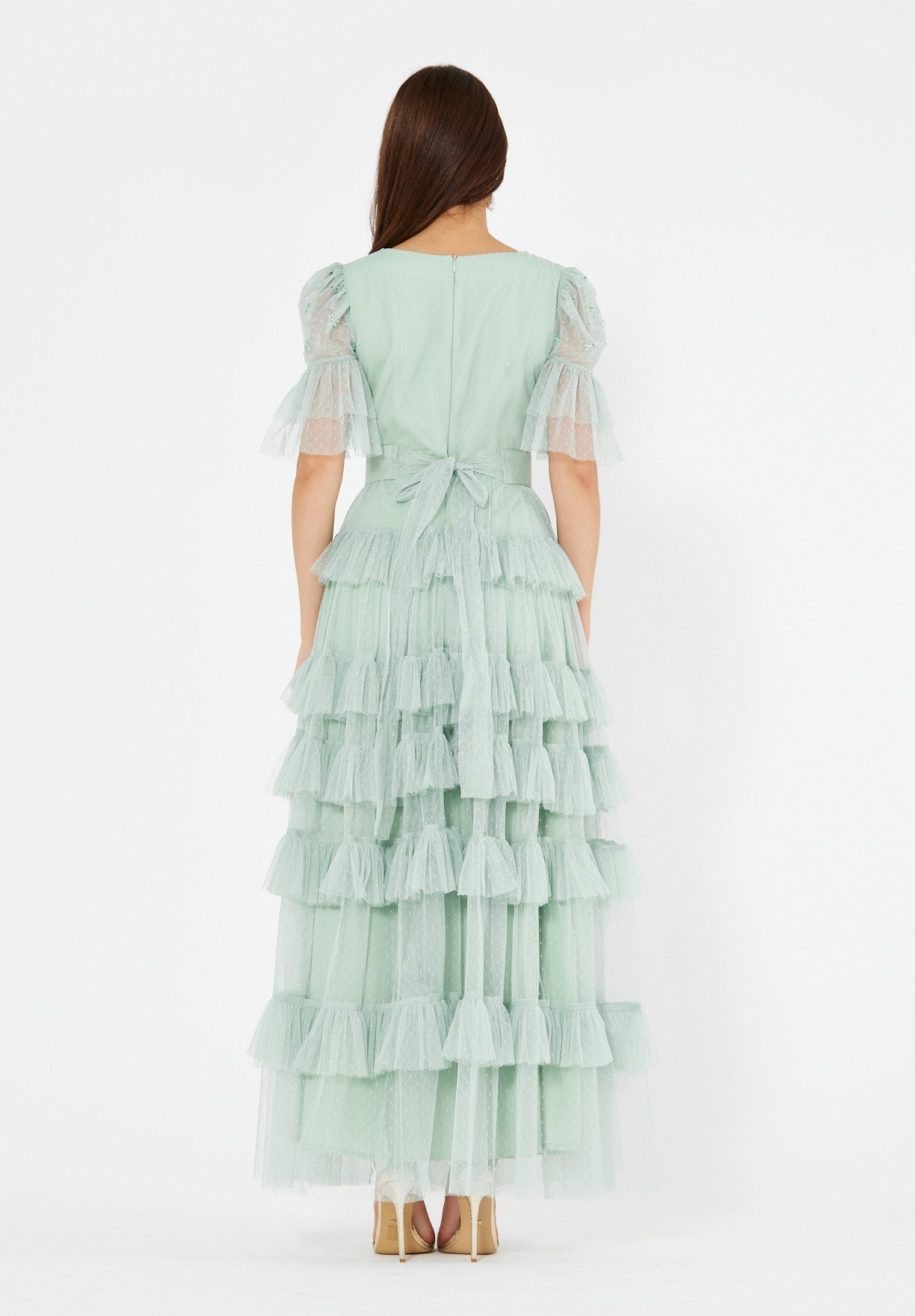 Embellished Ruffle Tiered Gown in Dot Tulle