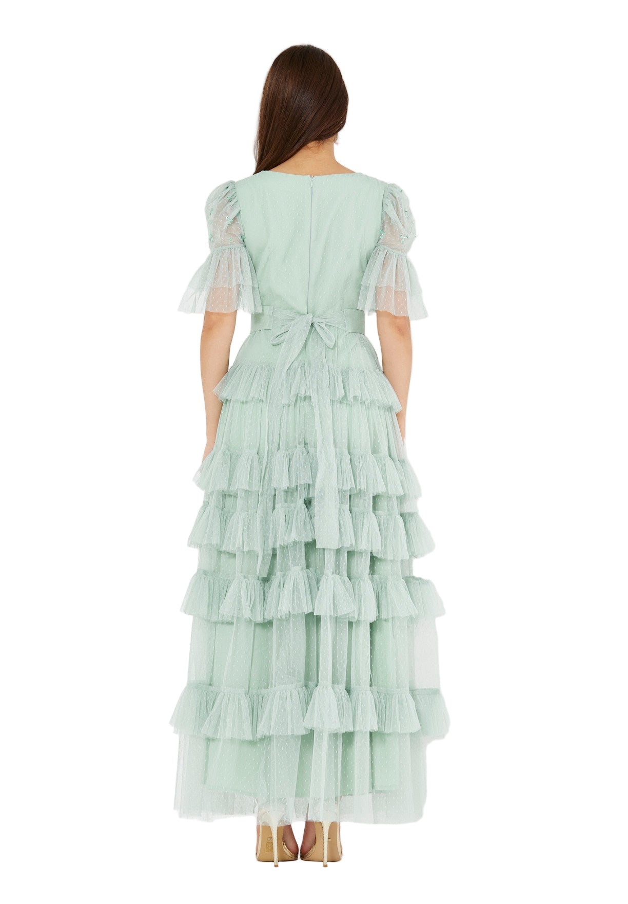 Embellished Ruffle Tiered Gown in Dot Tulle