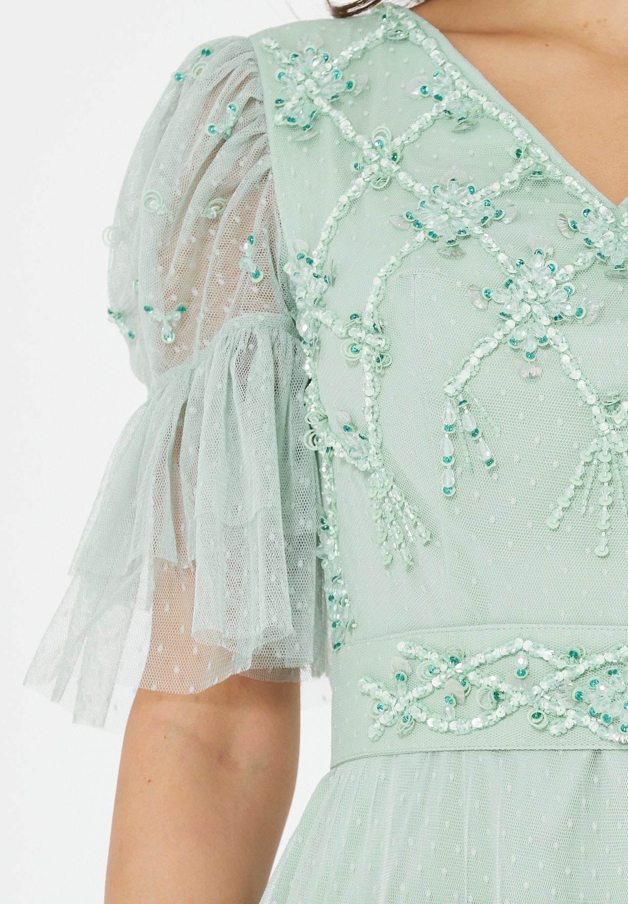 Embellished Ruffle Tiered Gown in Dot Tulle