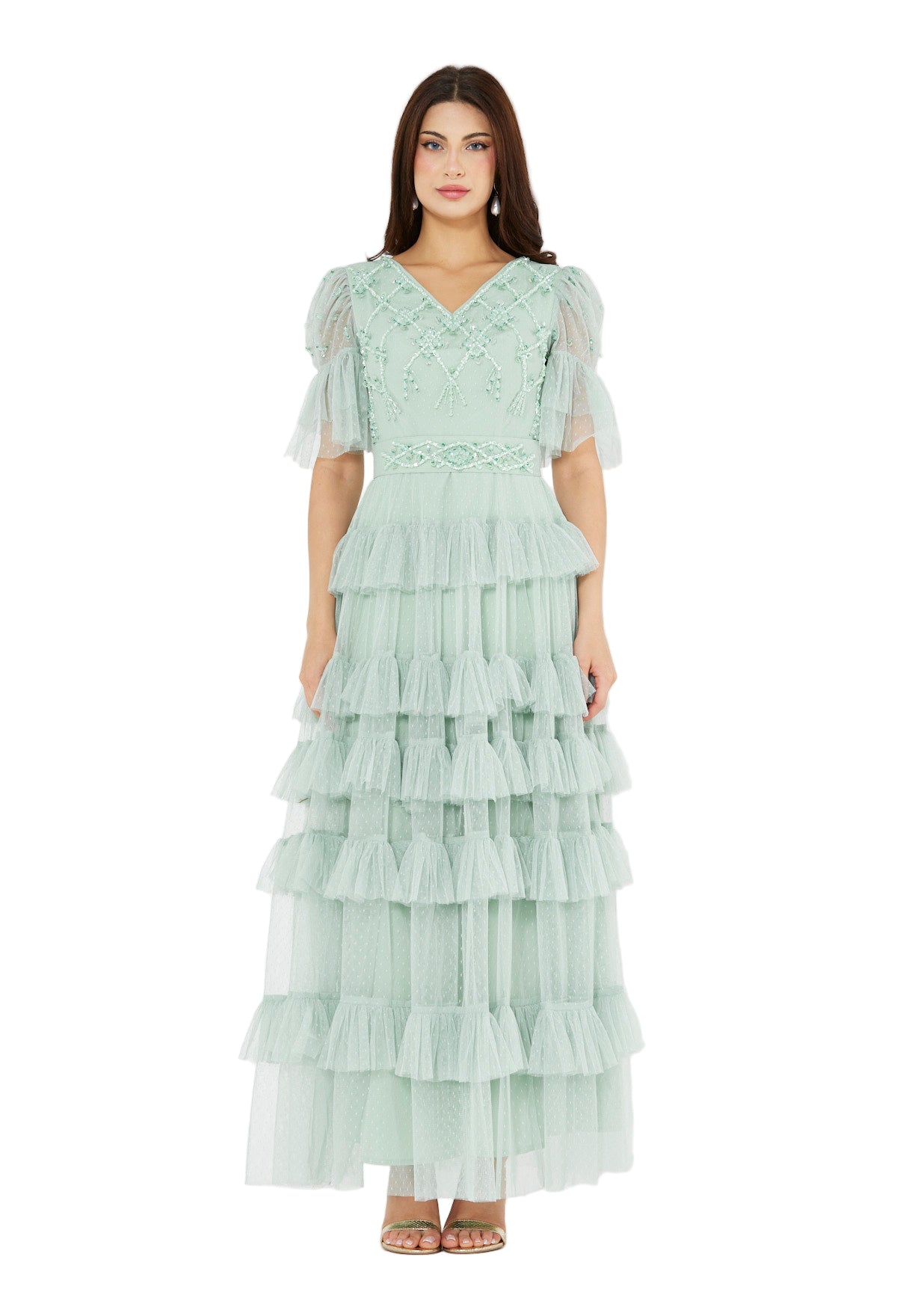 Embellished Ruffle Tiered Gown in Dot Tulle