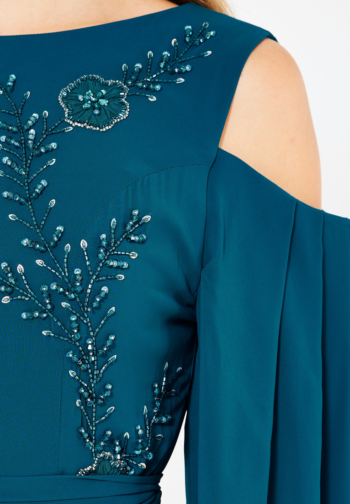 Ethereal Embellished Cold-Shoulder Gown in Crepe