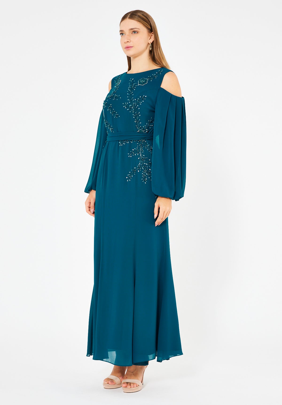 Embellished Cold-Shoulder Chiffon Gown