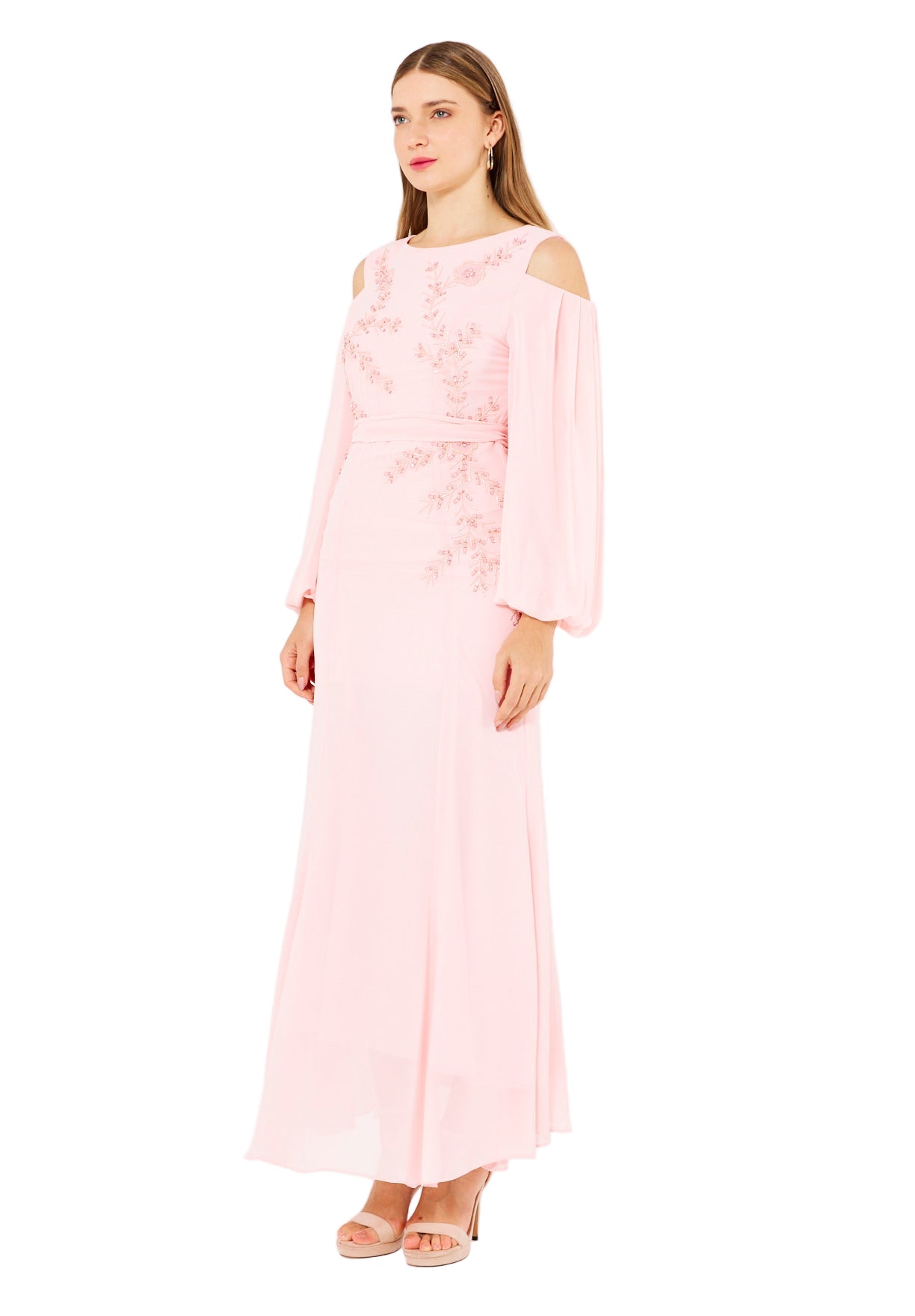 Ethereal Embellished Cold-Shoulder Gown in Crepe