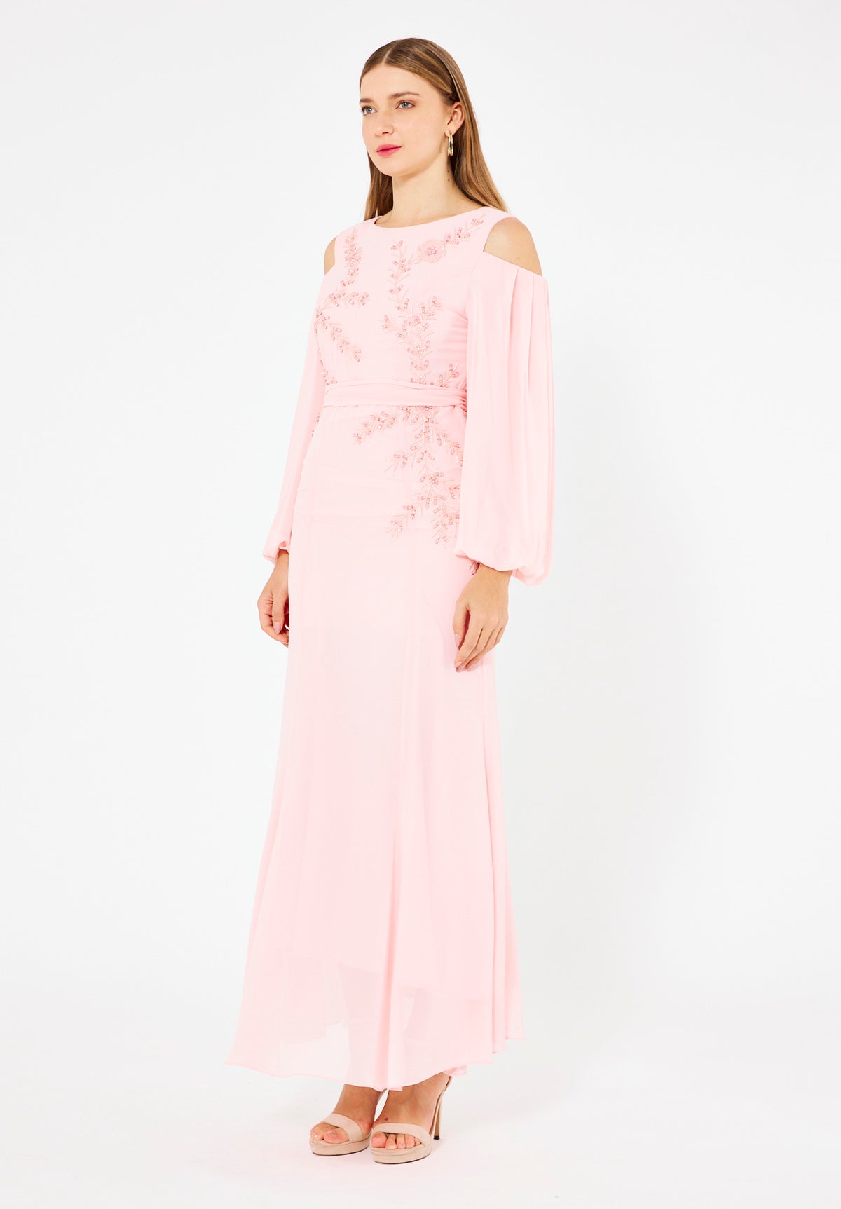 Embellished Cold-Shoulder Chiffon Gown