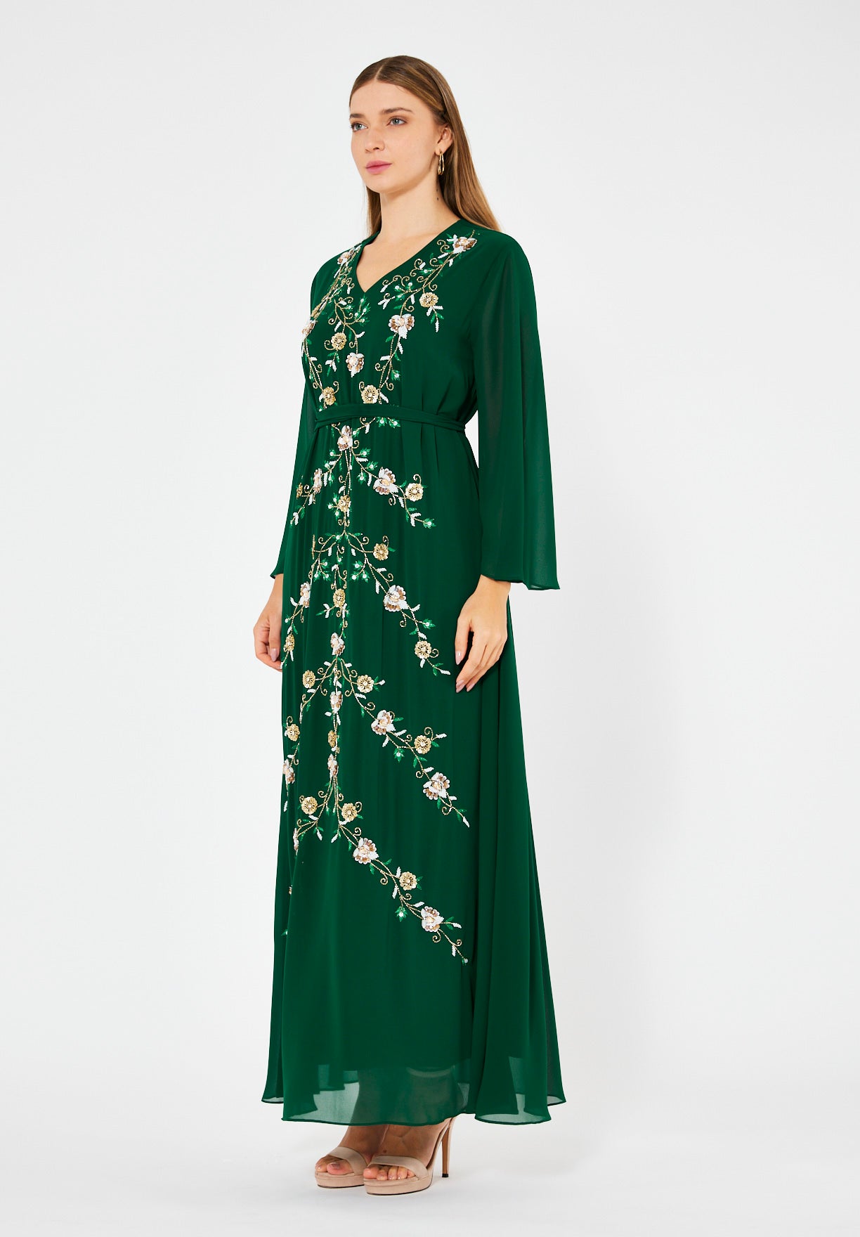 Emerald Blossom Embroidered Chiffon Gown