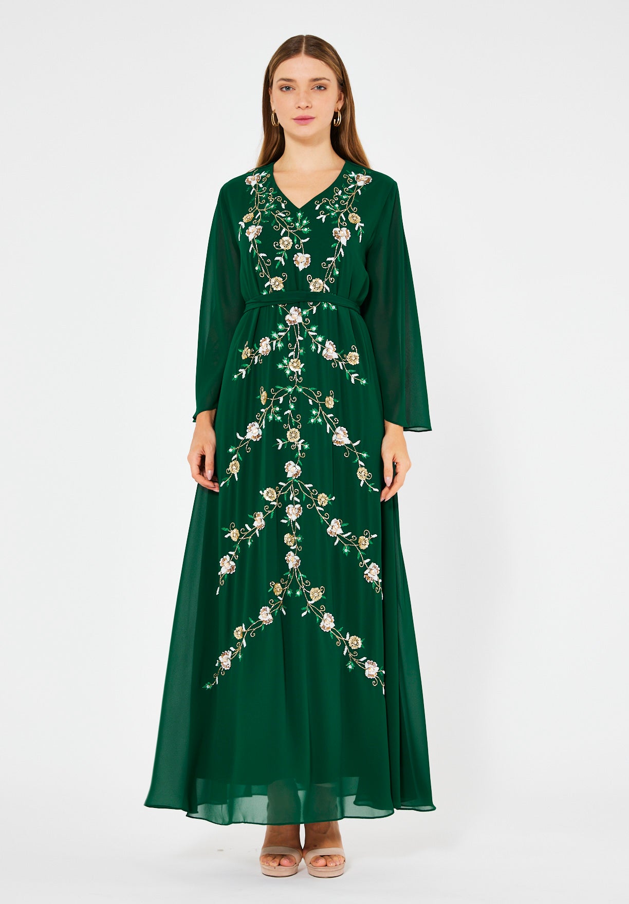 Emerald Blossom Embroidered Chiffon Gown