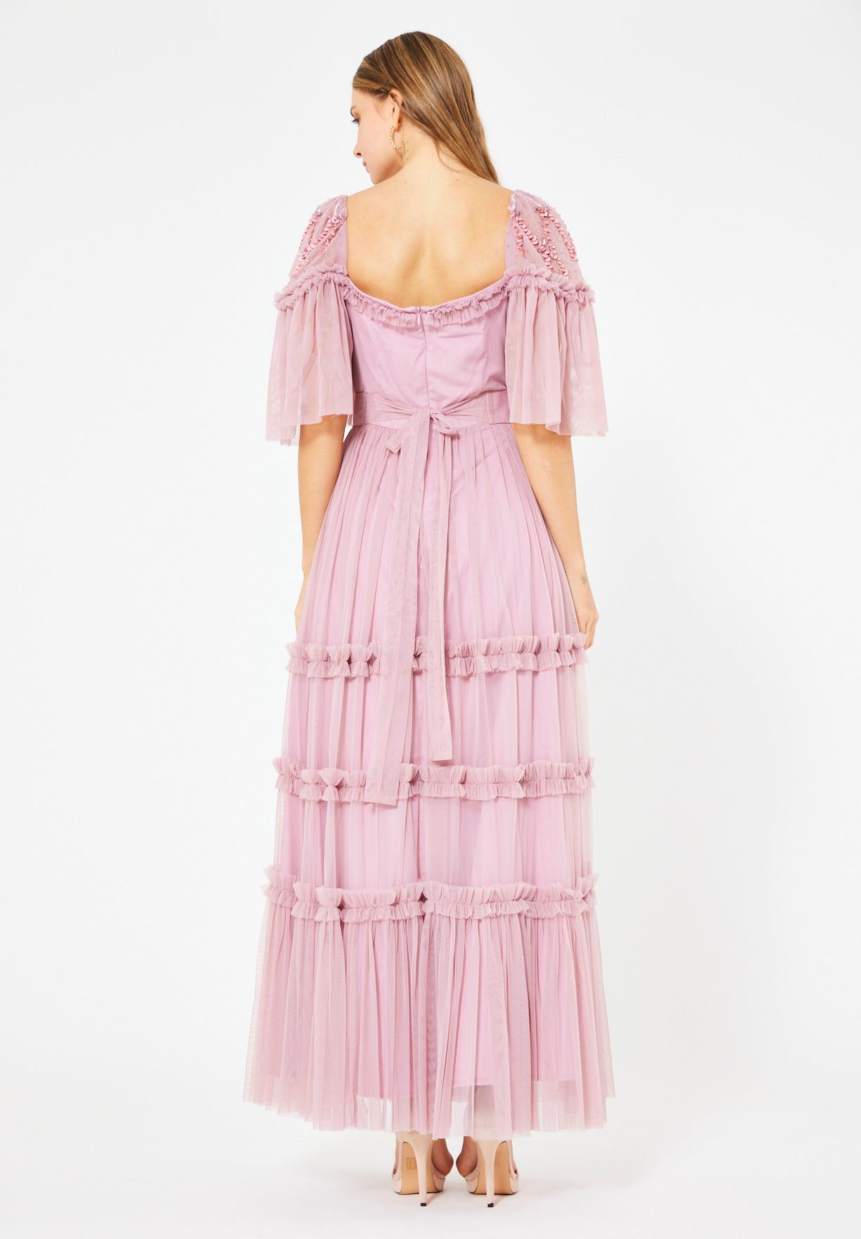 Tiered Tulle Gown with Floral Embellishment