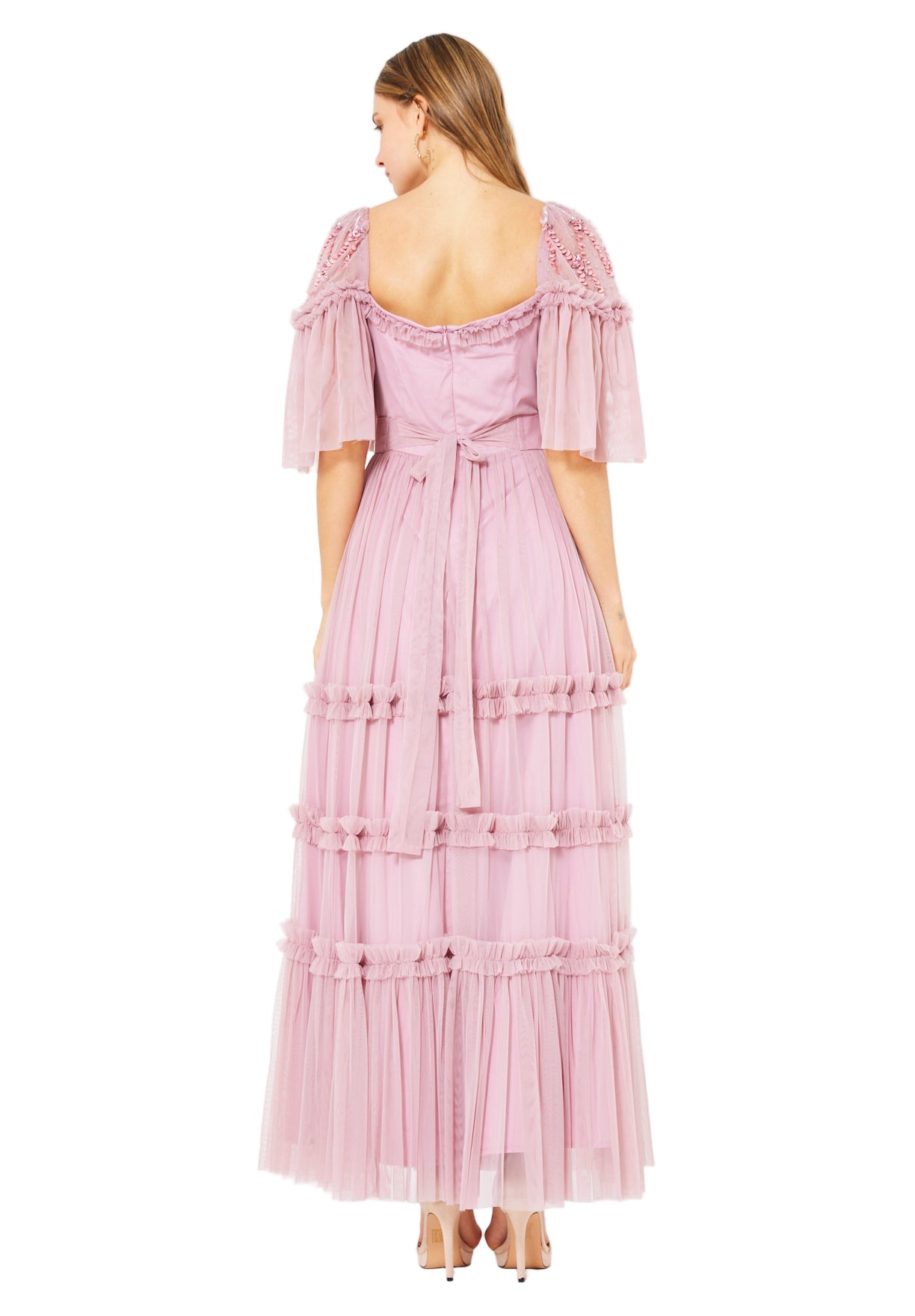 Tiered Tulle Gown with Floral Embellishment