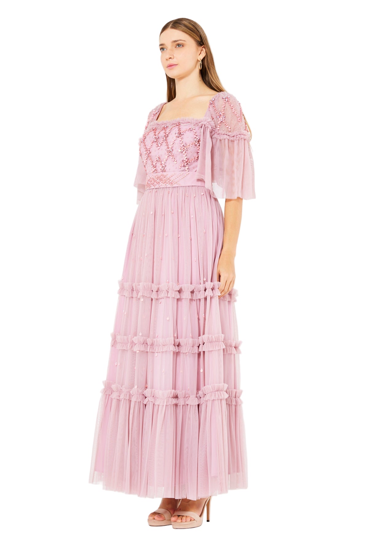 Tiered Tulle Gown with Floral Embellishment