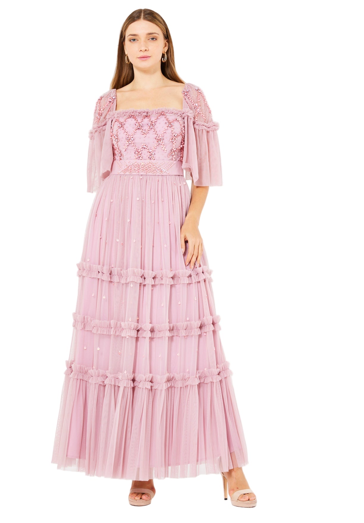 Tiered Tulle Gown with Floral Embellishment