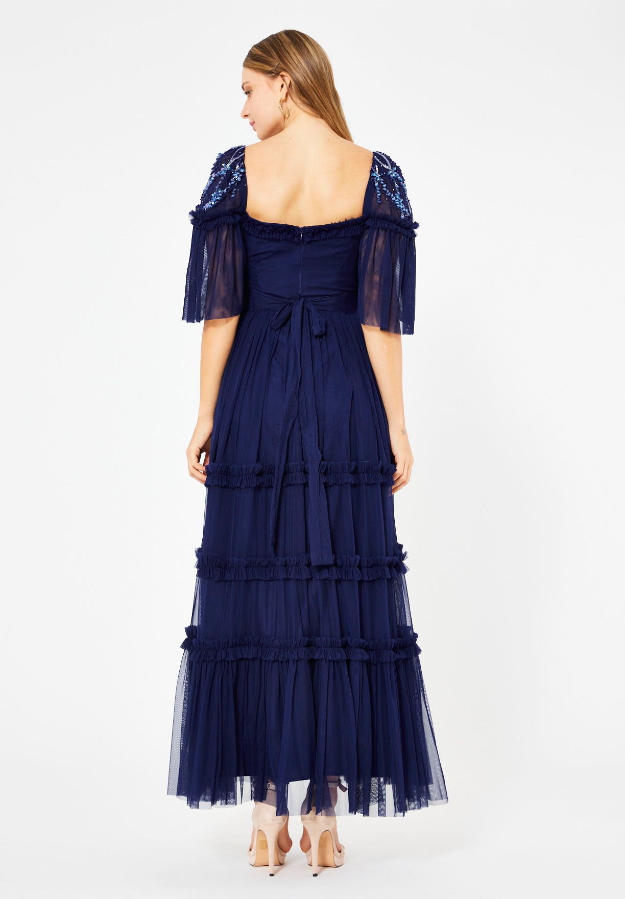 Tiered Tulle Gown with Floral Embellishment
