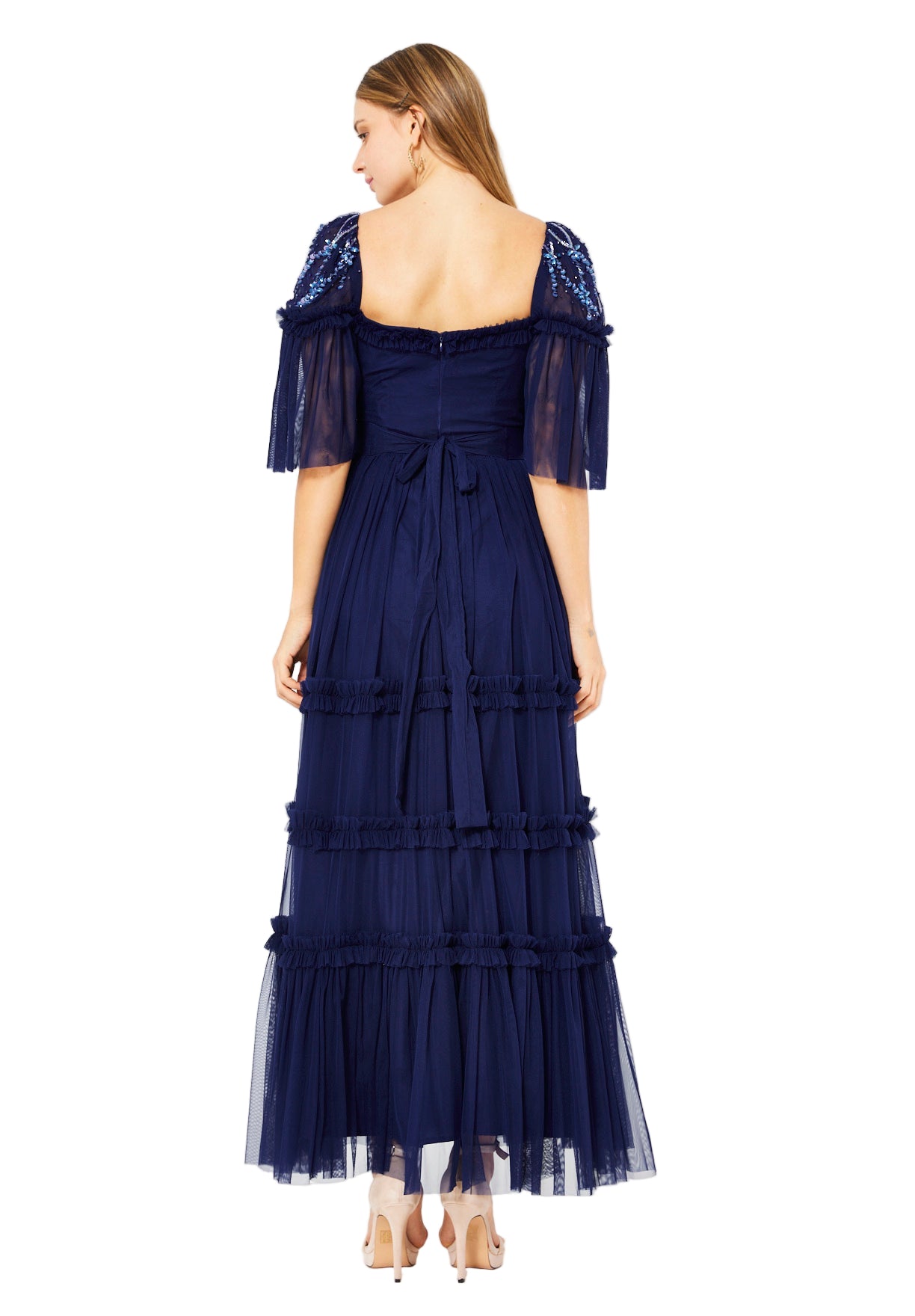 Tiered Tulle Gown with Floral Embellishment