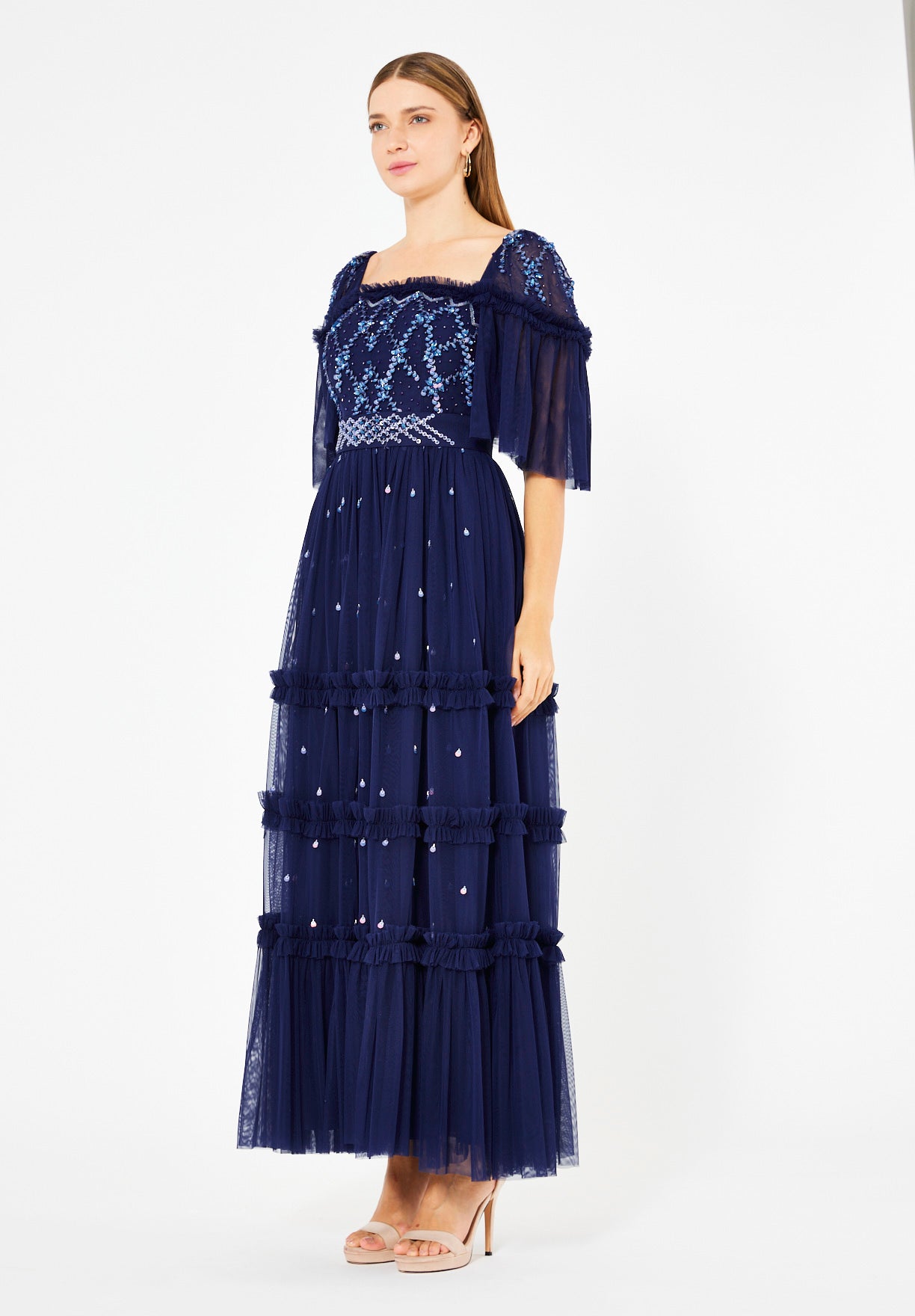 Tiered Tulle Gown with Floral Embellishment