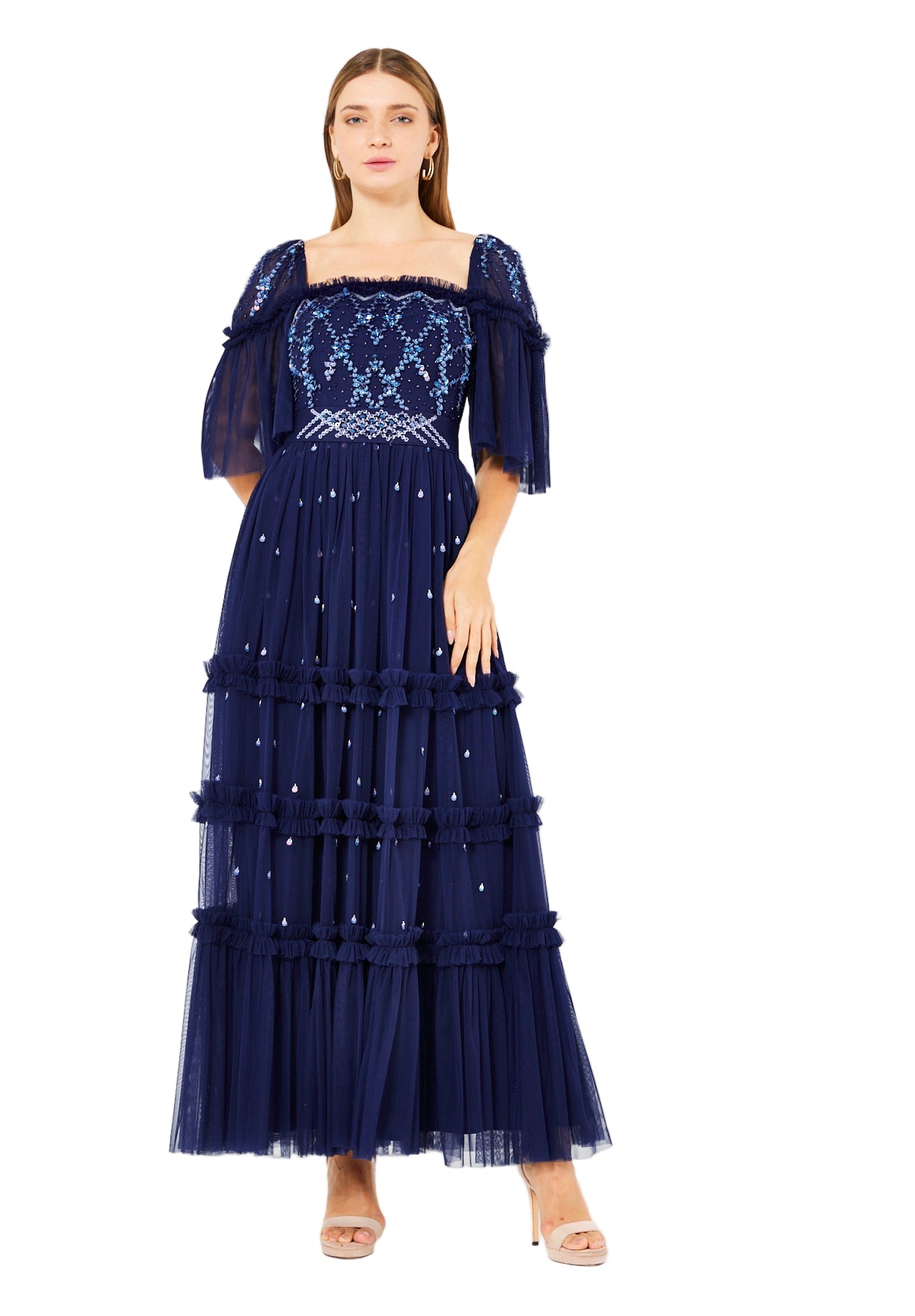 Tiered Tulle Gown with Floral Embellishment