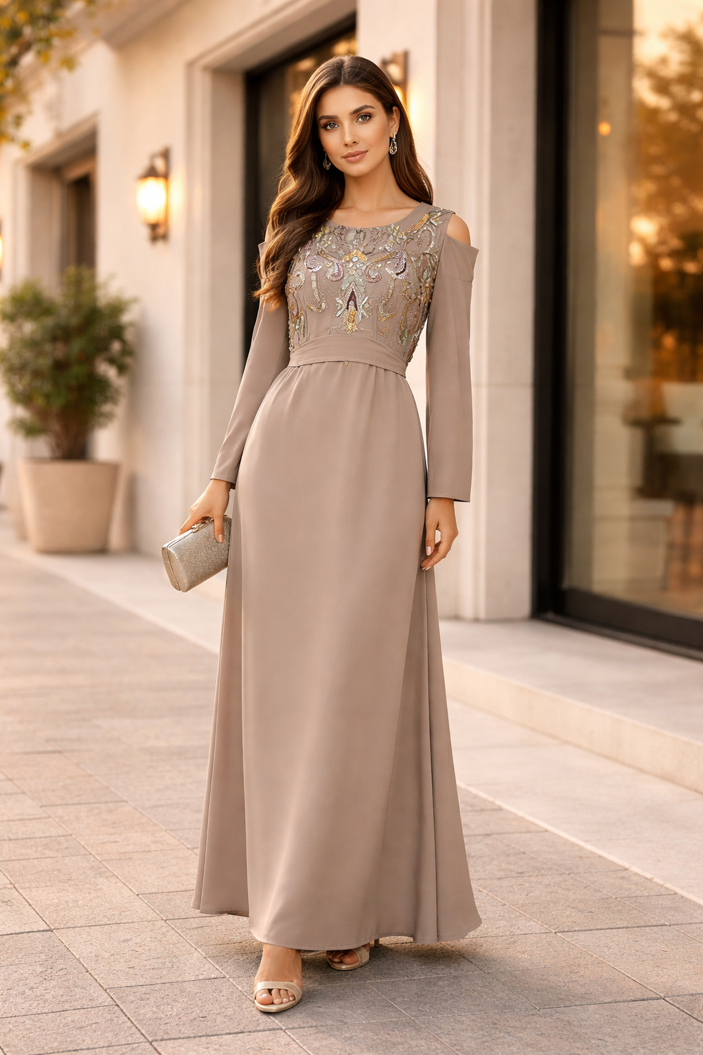 Multicolored Embellished Cold Shoulder Dress in Crinkle Chiffon