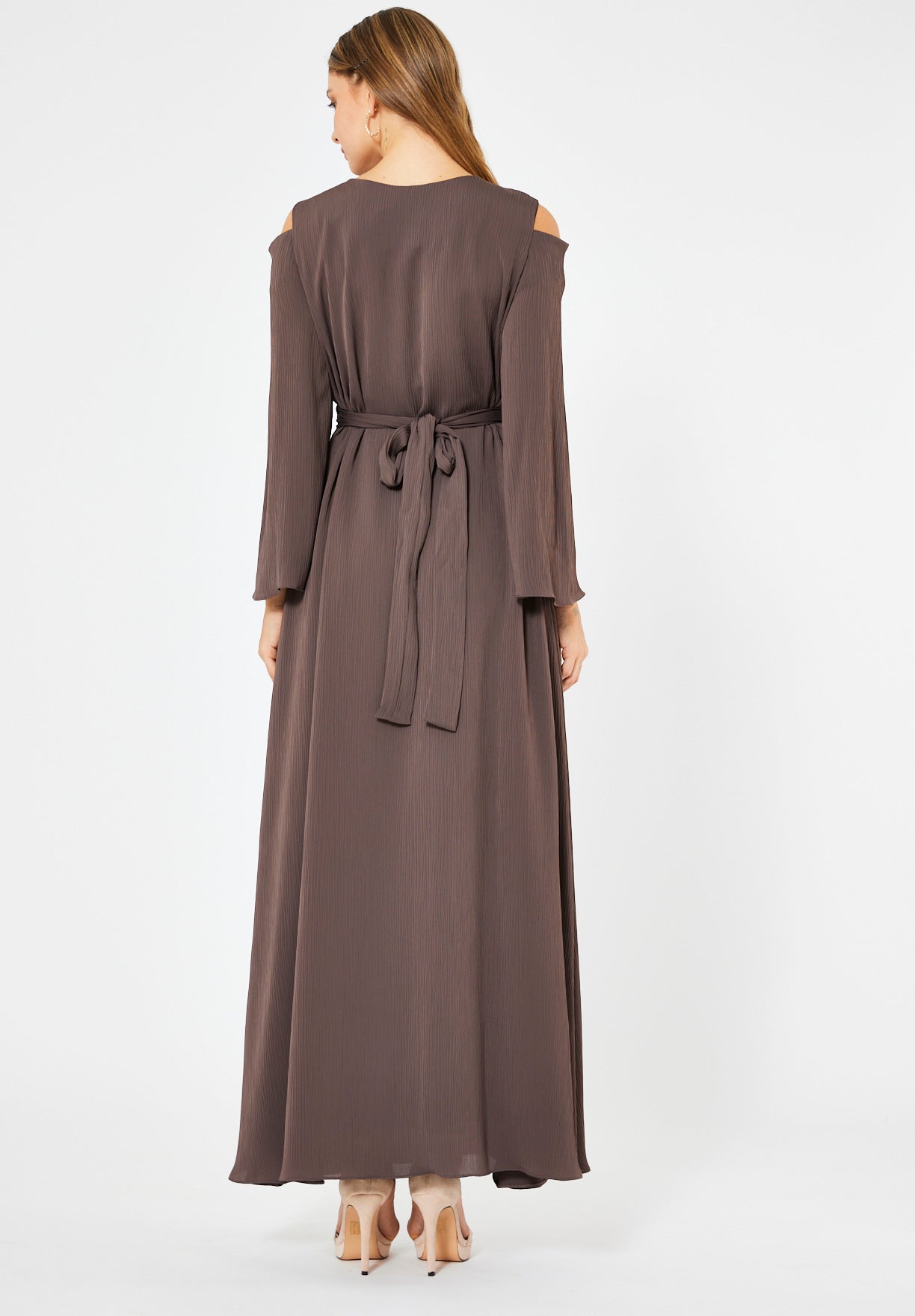 Multicolored Embellished Cold Shoulder Dress in Crinkle Chiffon