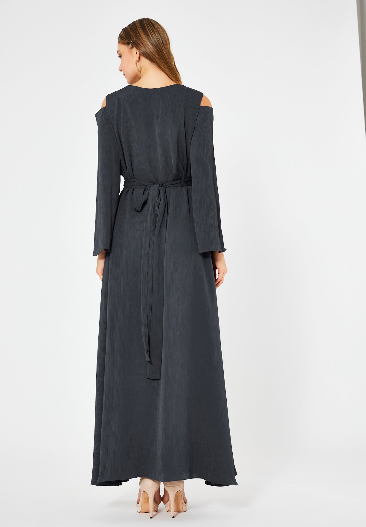 Multicolored Embellished Cold Shoulder Dress in Crinkle Chiffon