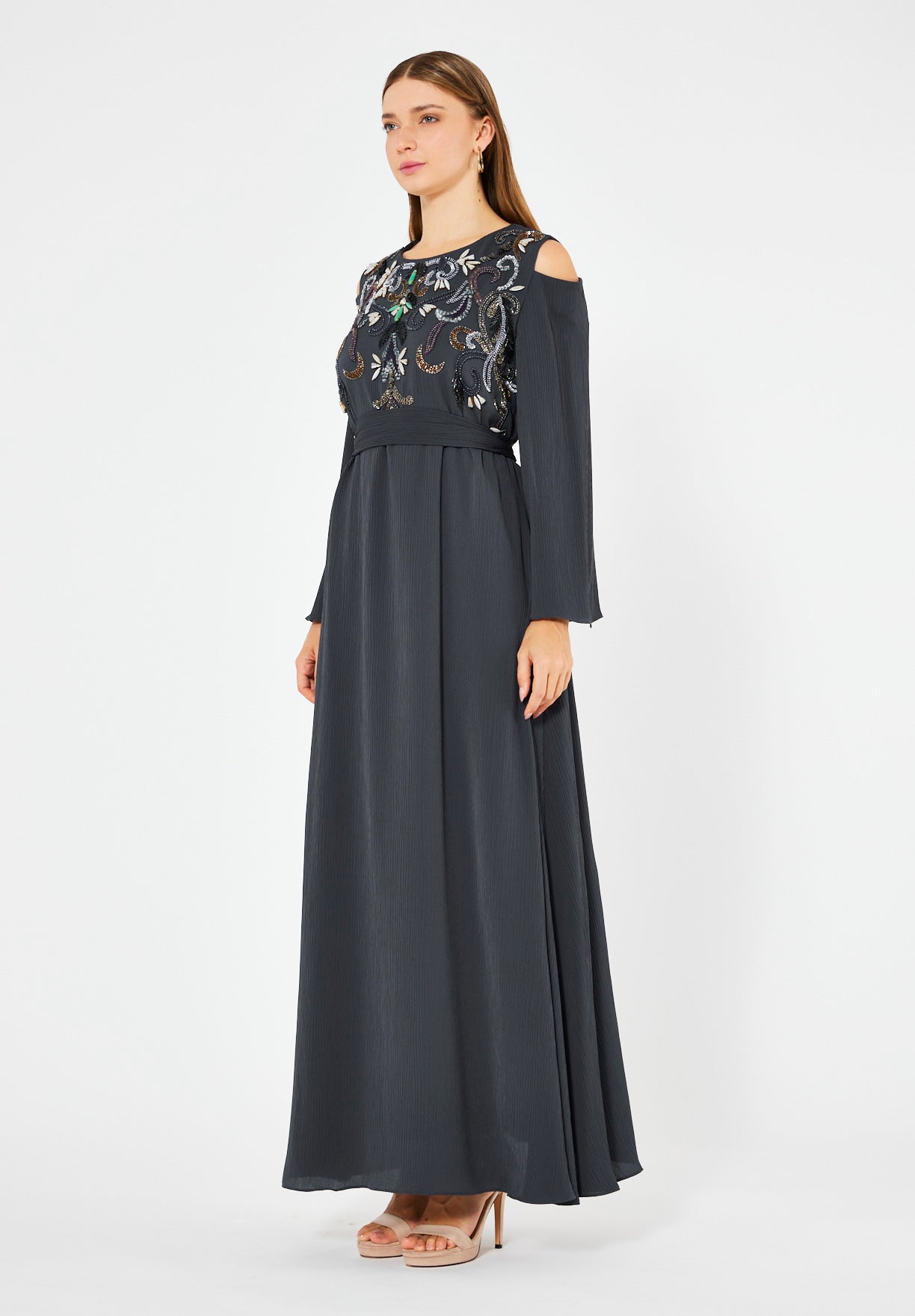 Multicolored Embellished Cold Shoulder Dress in Crinkle Chiffon