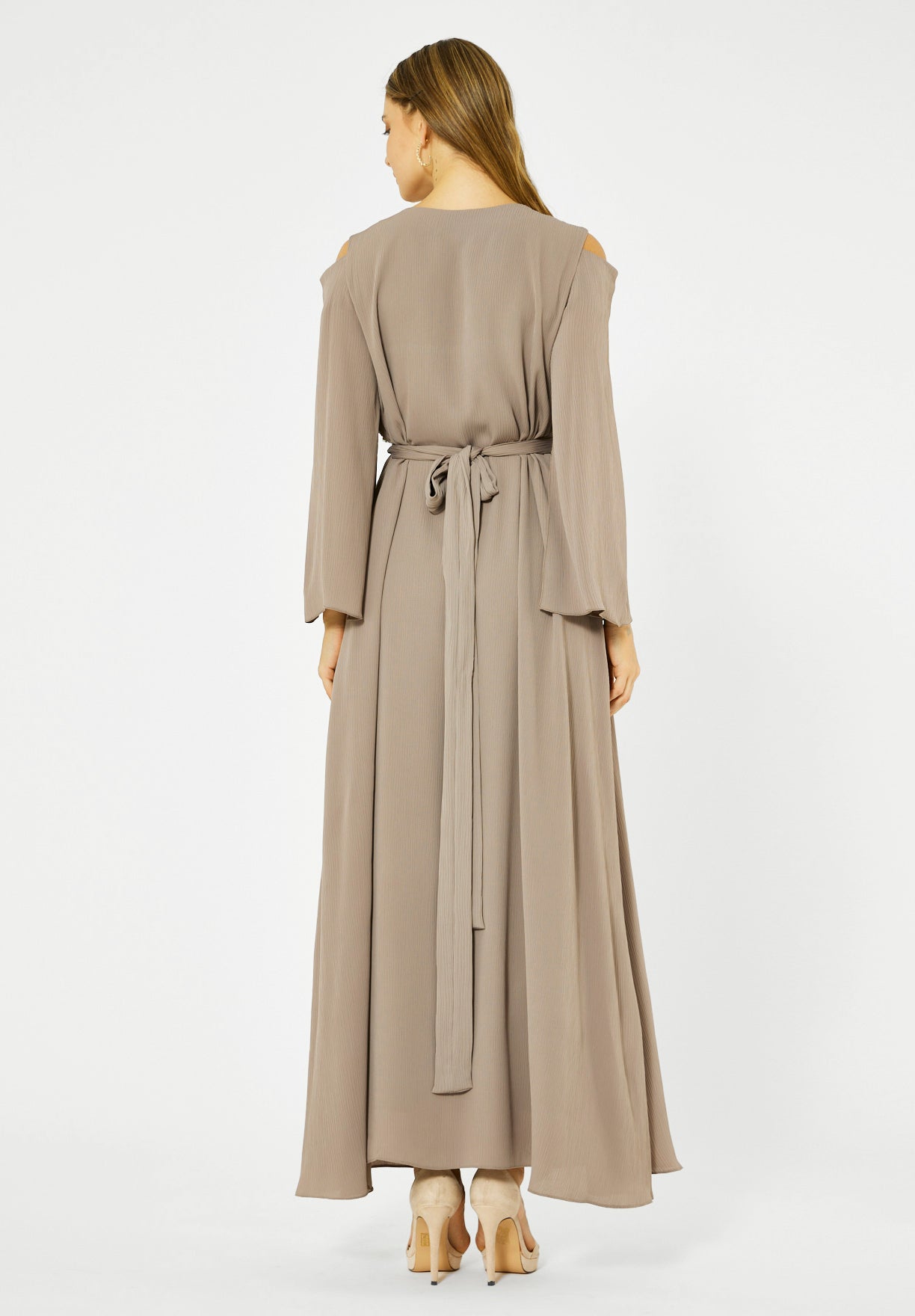 Multicolored Embellished Cold Shoulder Dress in Crinkle Chiffon