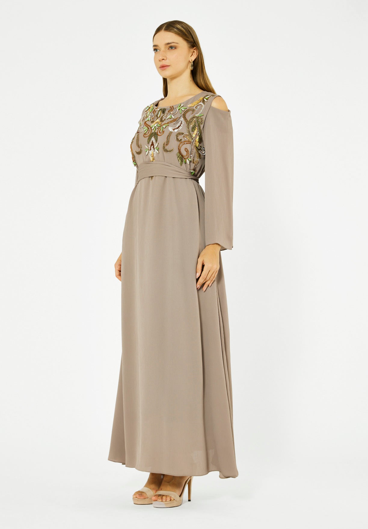 Multicolored Embellished Cold Shoulder Dress in Crinkle Chiffon