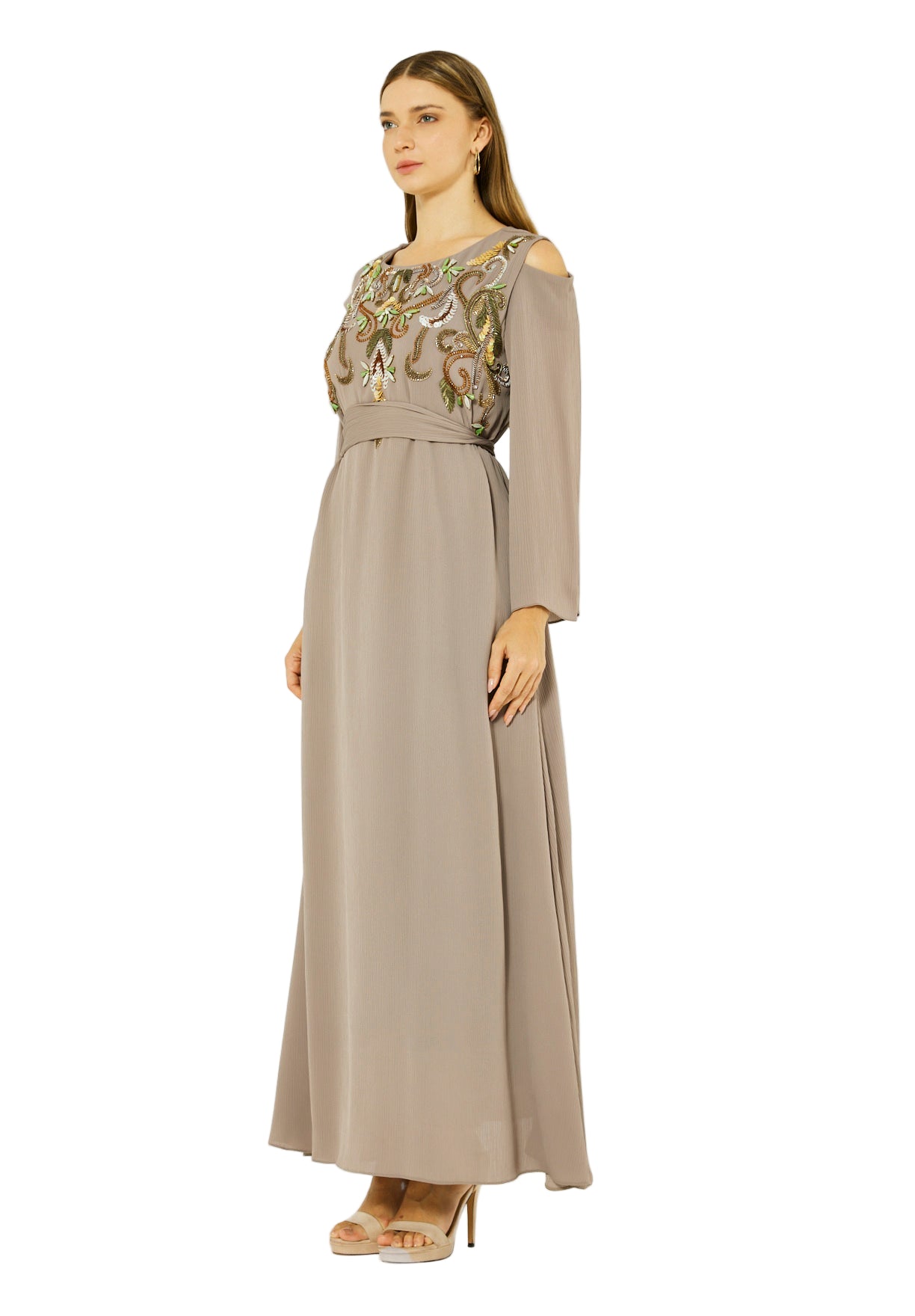 Multicolored Embellished Cold Shoulder Dress in Crinkle Chiffon