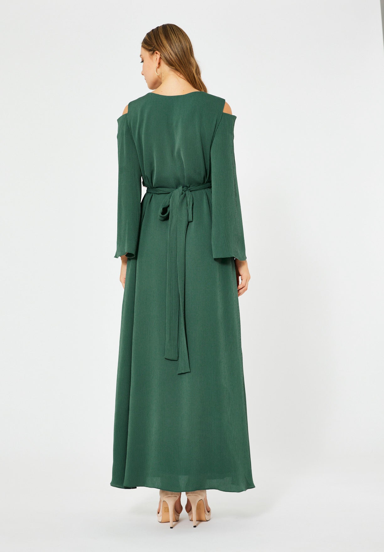 Multicolored Embellished Cold Shoulder Dress in Crinkle Chiffon