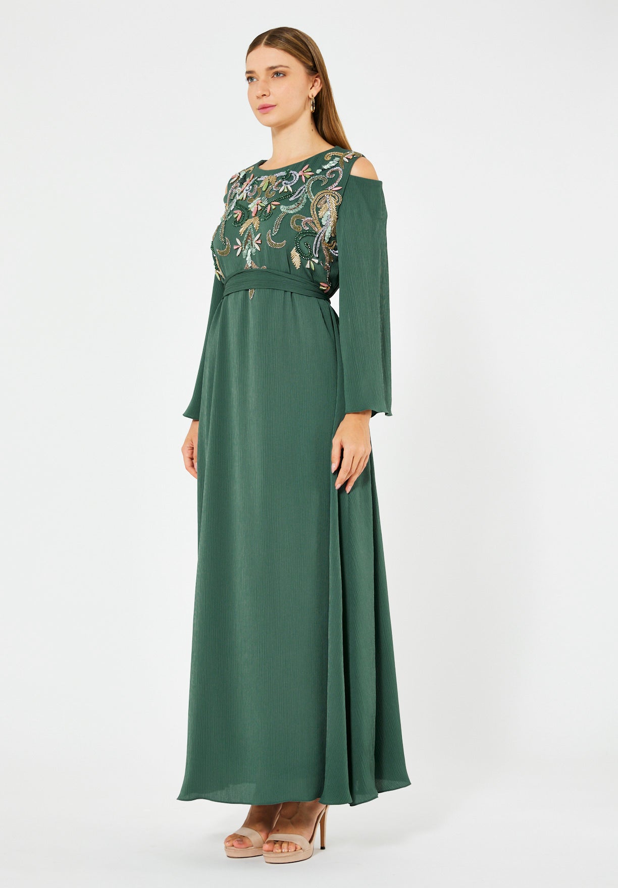 Multicolored Embellished Cold Shoulder Dress in Crinkle Chiffon