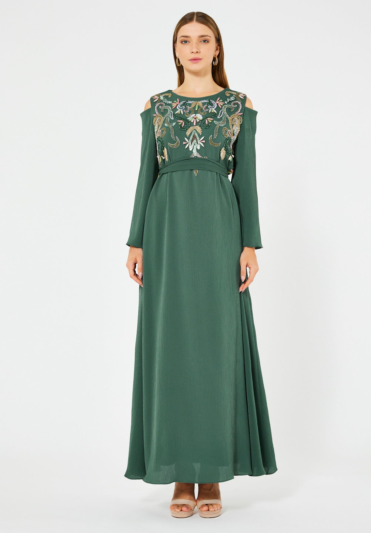 Multicolored Embellished Cold Shoulder Dress in Crinkle Chiffon