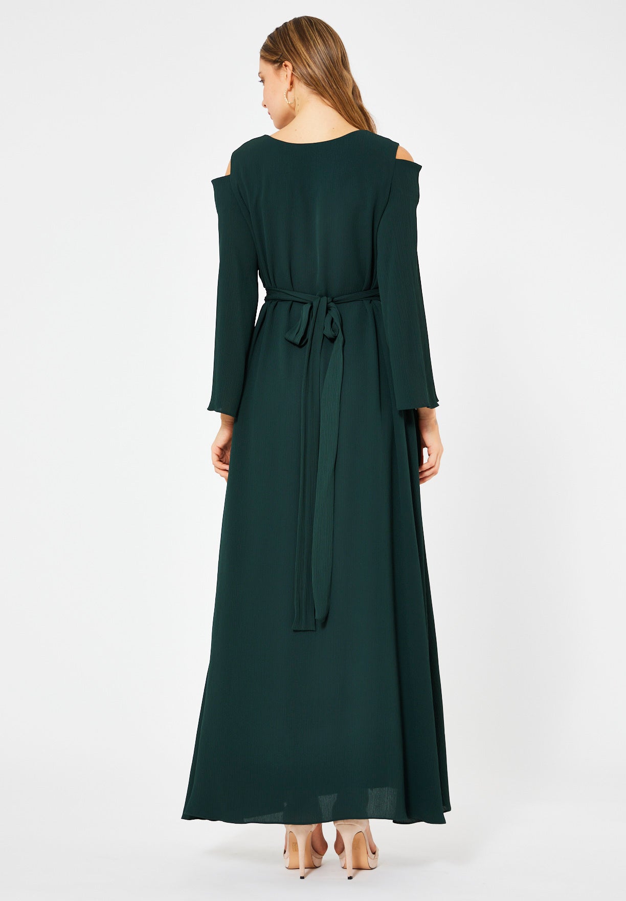 Multicolored Embellished Cold Shoulder Dress in Crinkle Chiffon