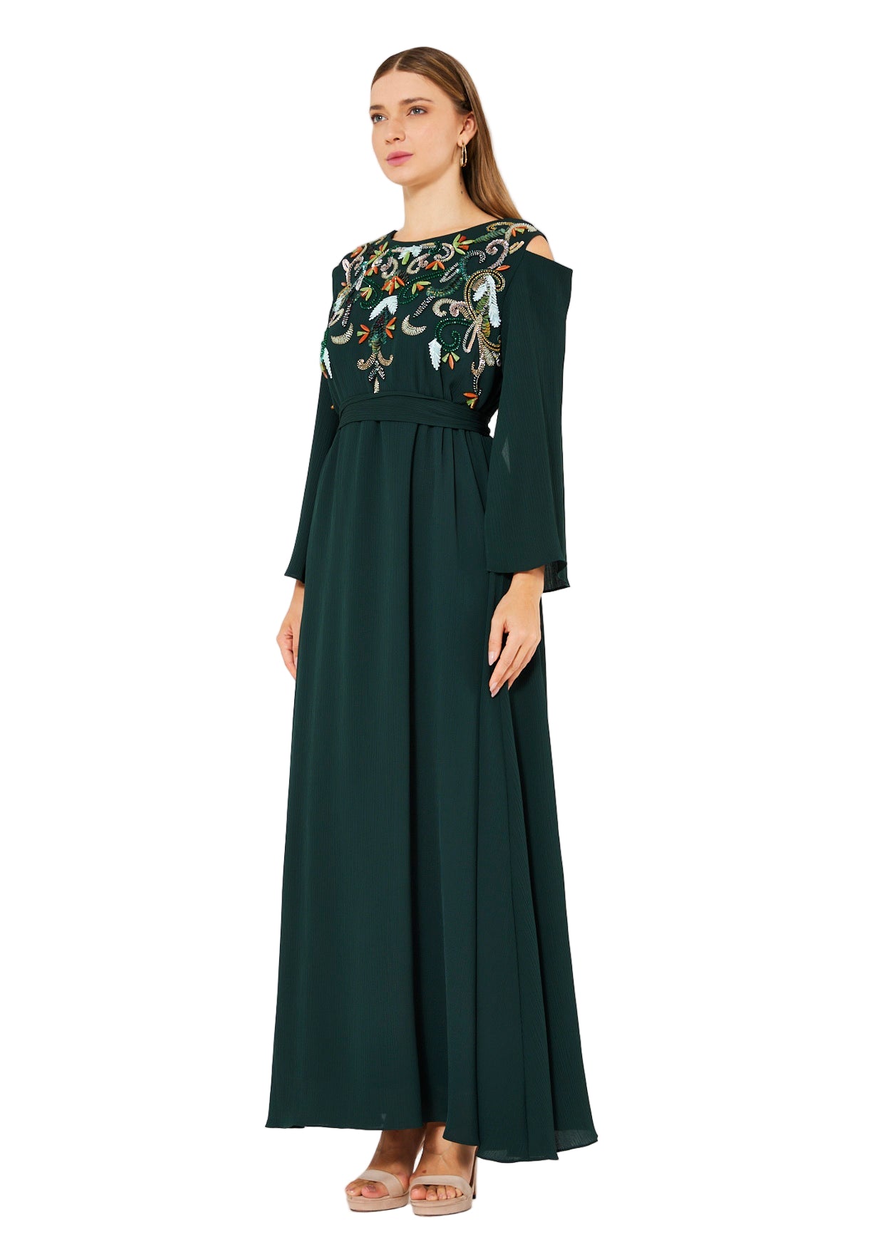 Multicolored Embellished Cold Shoulder Dress in Crinkle Chiffon