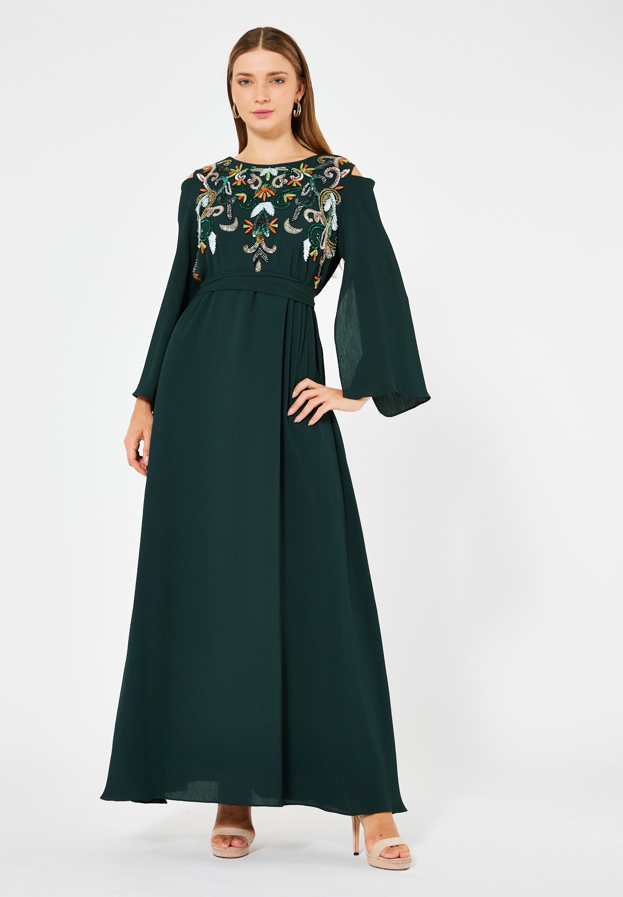 Multicolored Embellished Cold Shoulder Dress in Crinkle Chiffon