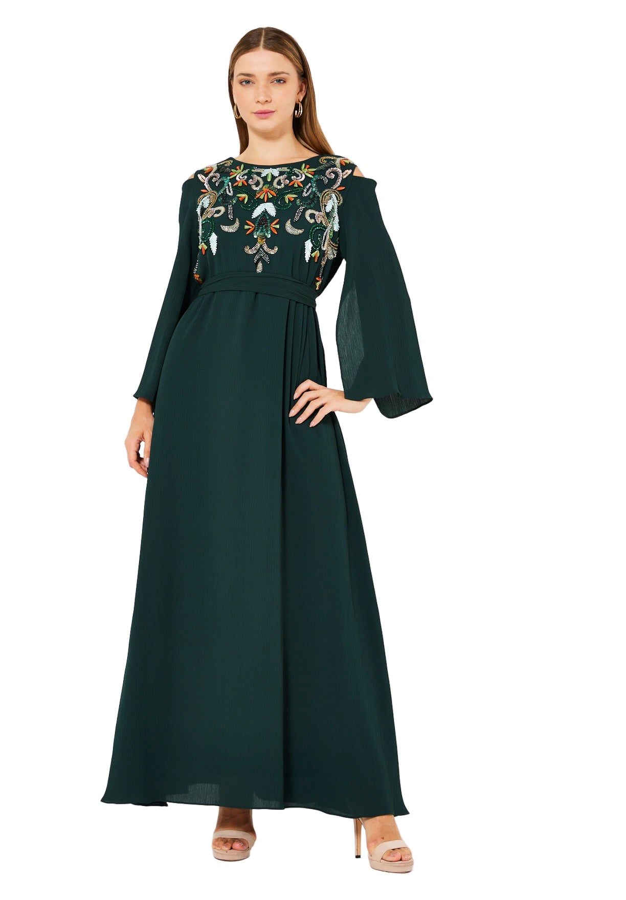 Multicolored Embellished Cold Shoulder Dress in Crinkle Chiffon