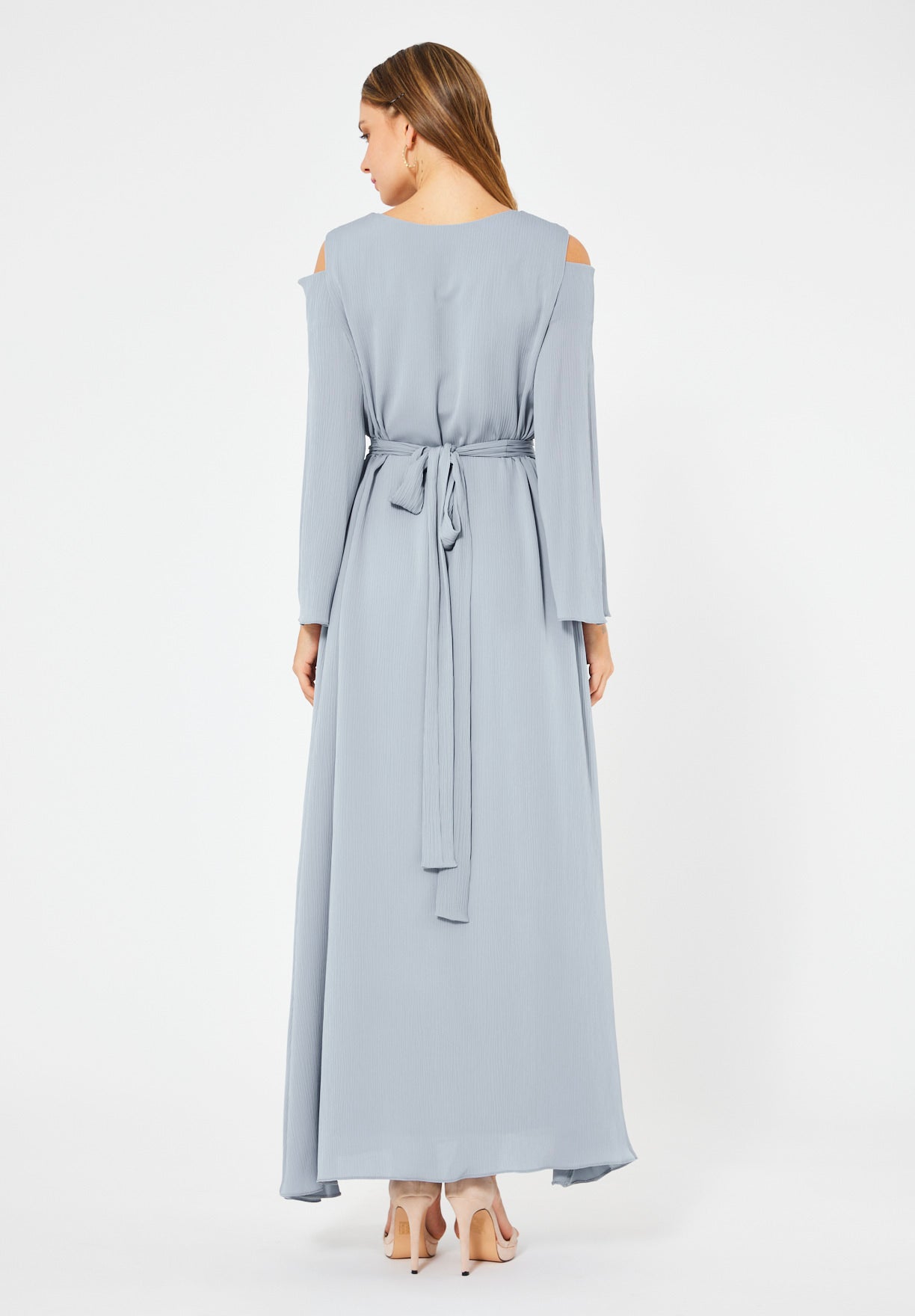 Multicolored Embellished Cold Shoulder Dress in Crinkle Chiffon