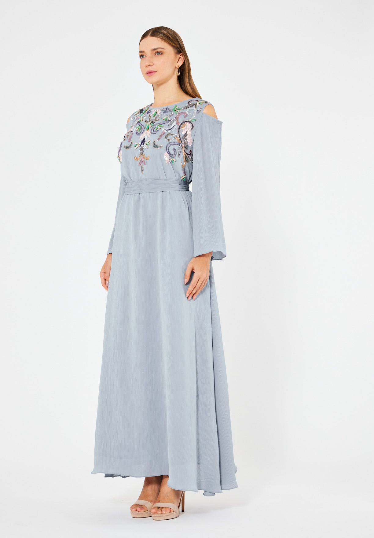Multicolored Embellished Cold Shoulder Dress in Crinkle Chiffon
