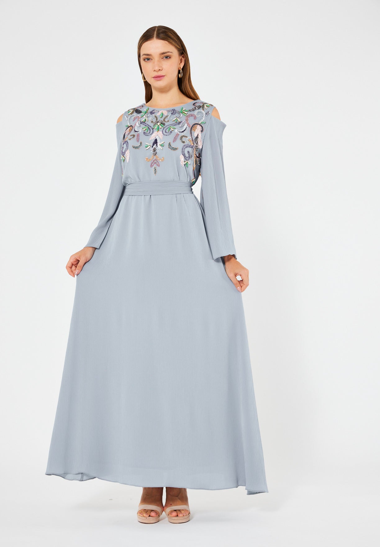 Multicolored Embellished Cold Shoulder Dress in Crinkle Chiffon