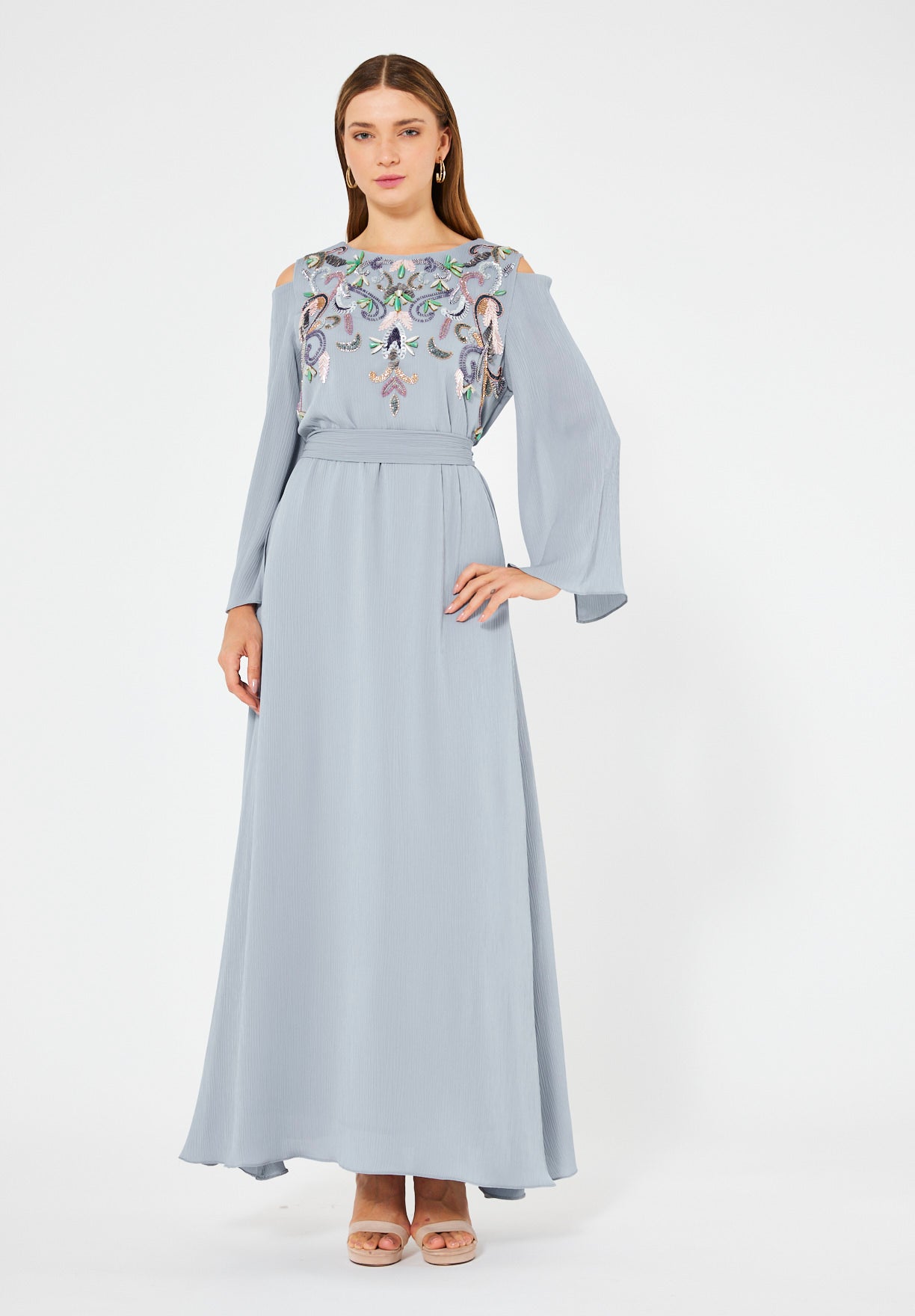 Multicolored Embellished Cold Shoulder Dress in Crinkle Chiffon
