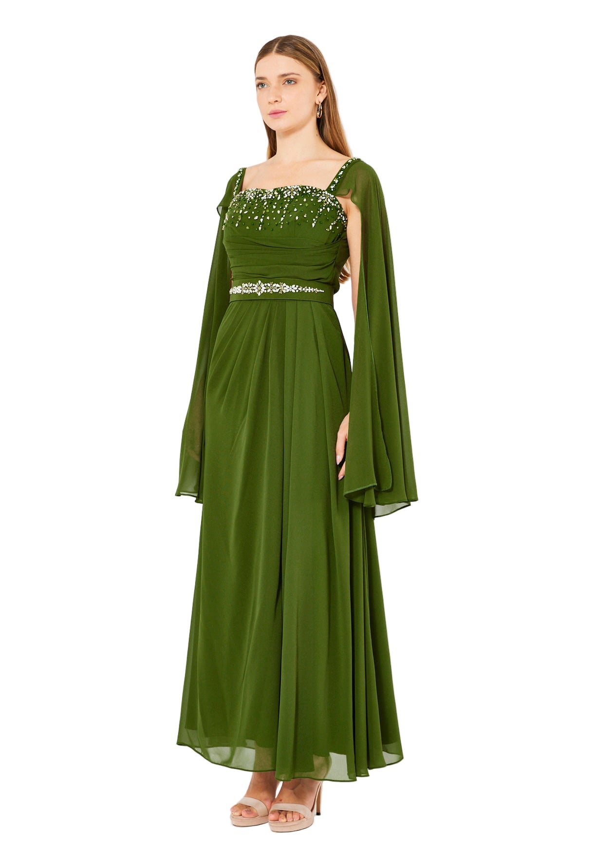 Beads Embellished Cape Sleeves Gown