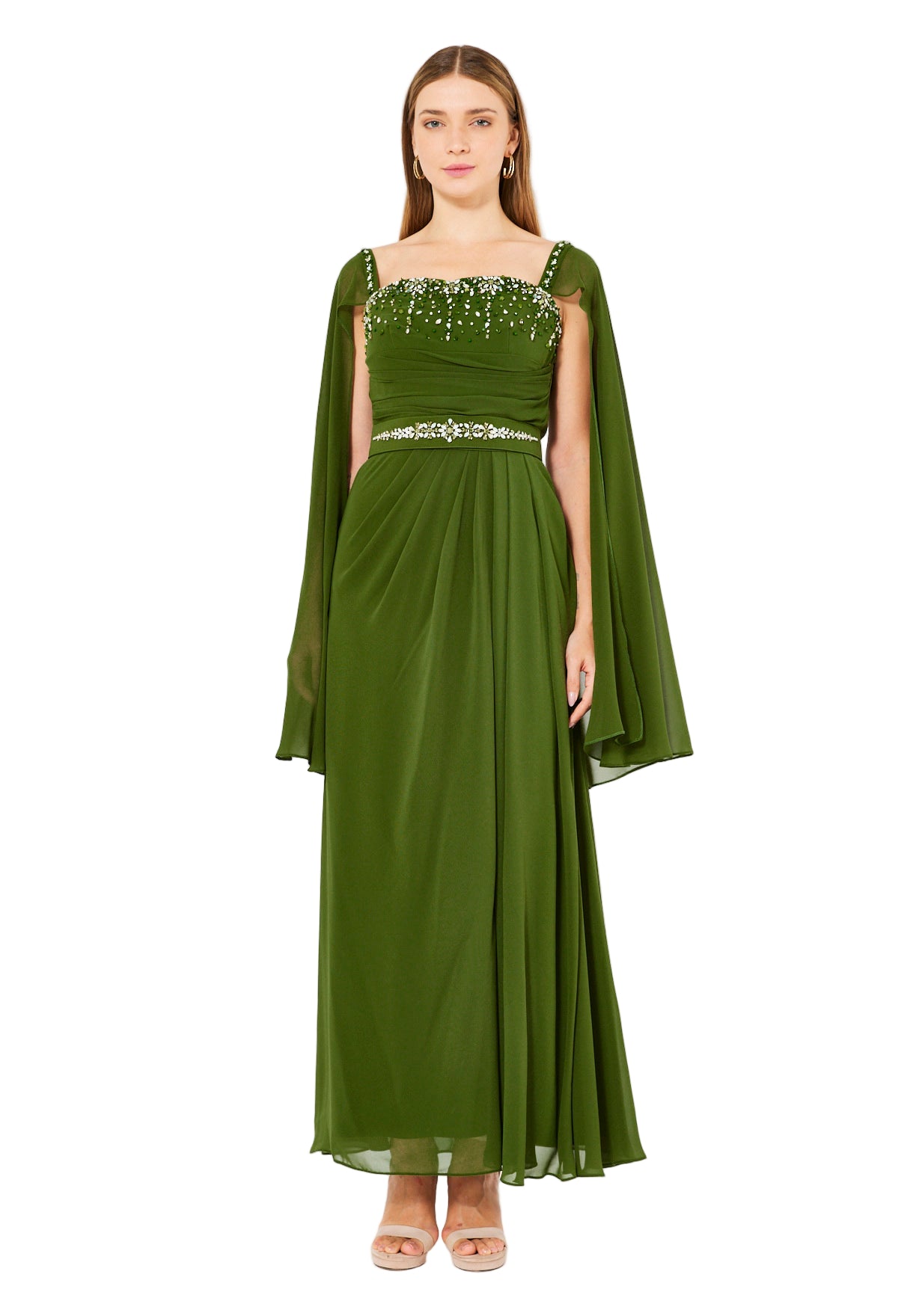 Beads Embellished Cape Sleeves Gown