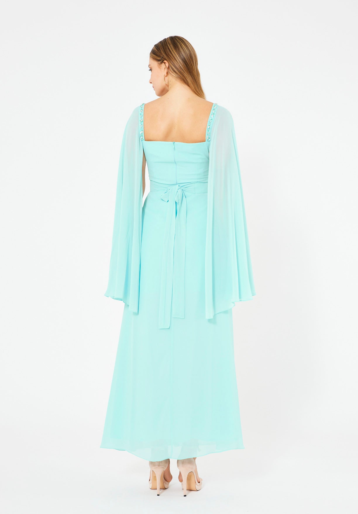 Beads Embellished Cape Sleeves Gown