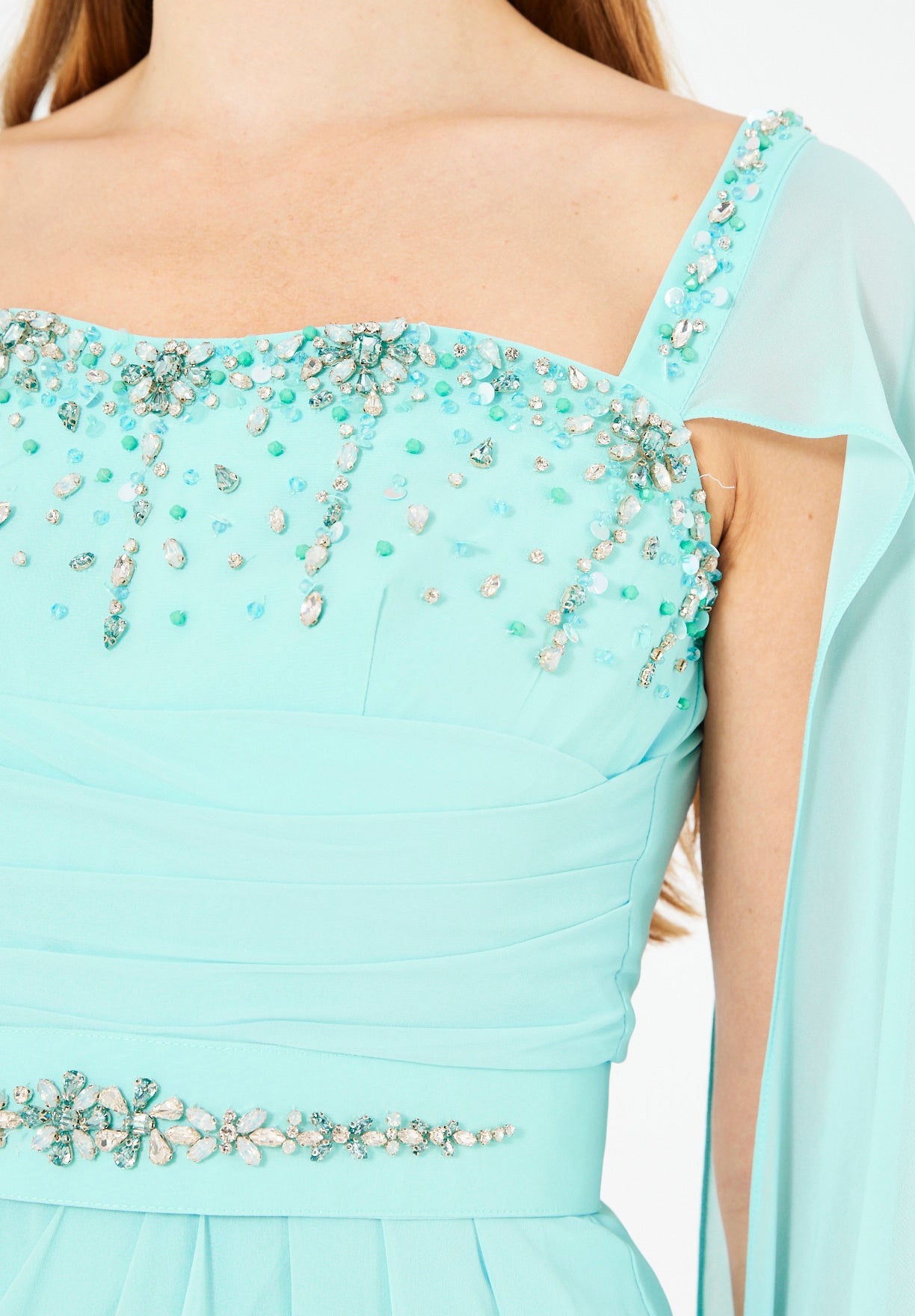 Beads Embellished Cape Sleeves Gown