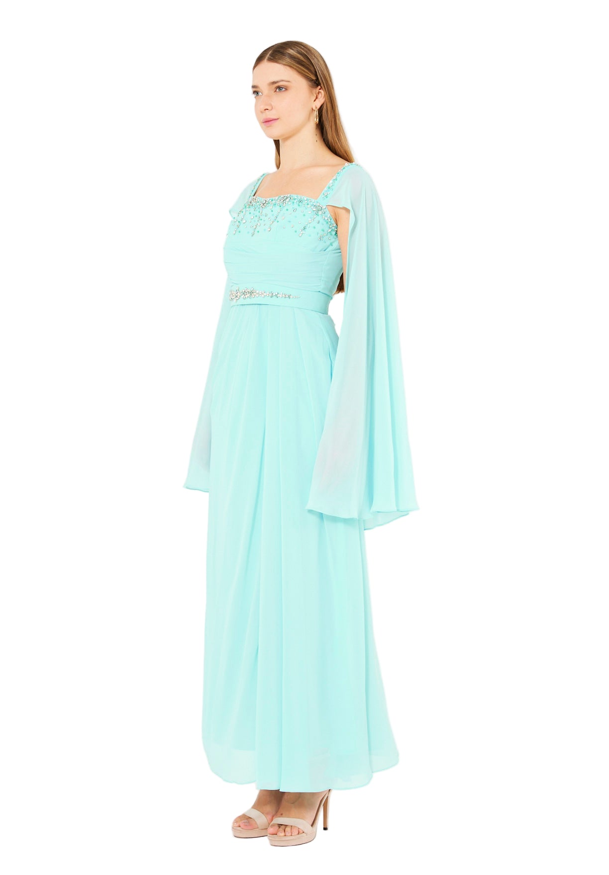 Beads Embellished Cape Sleeves Gown