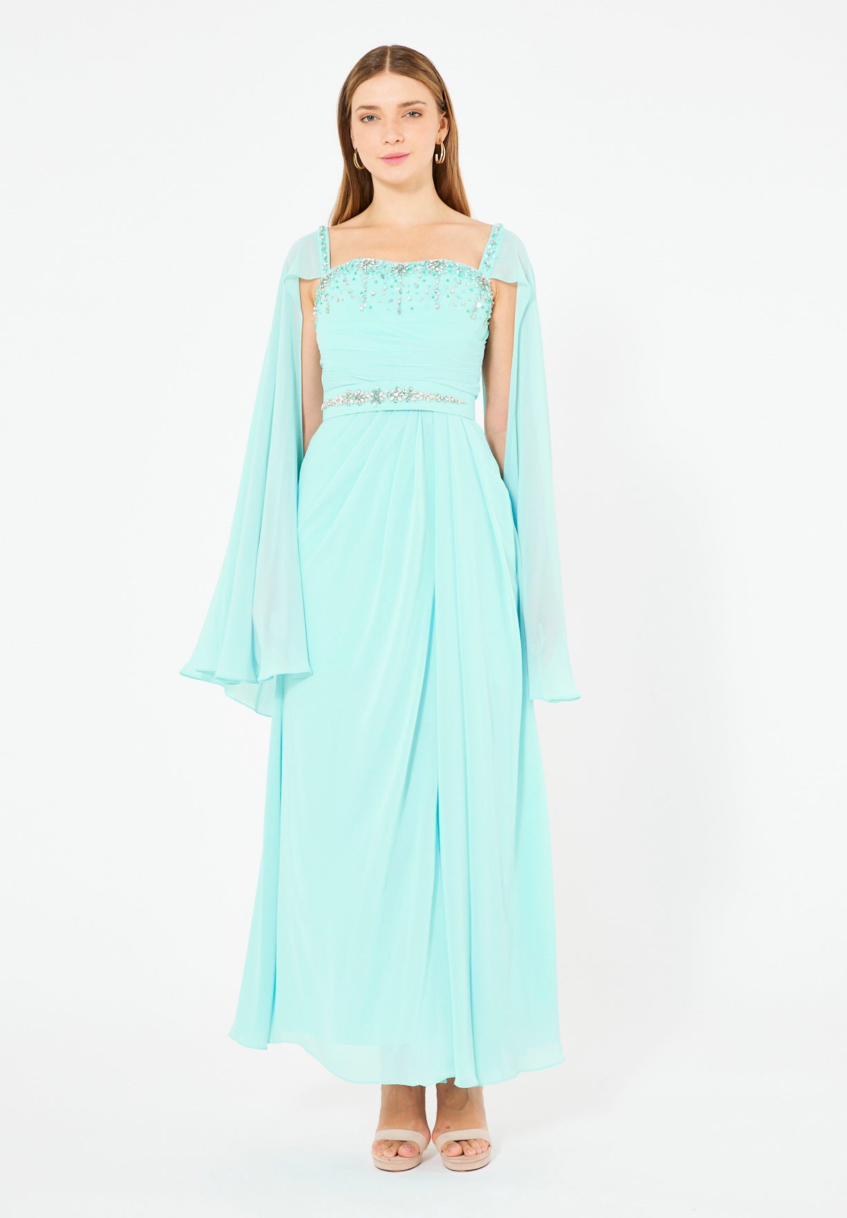 Beads Embellished Cape Sleeves Gown