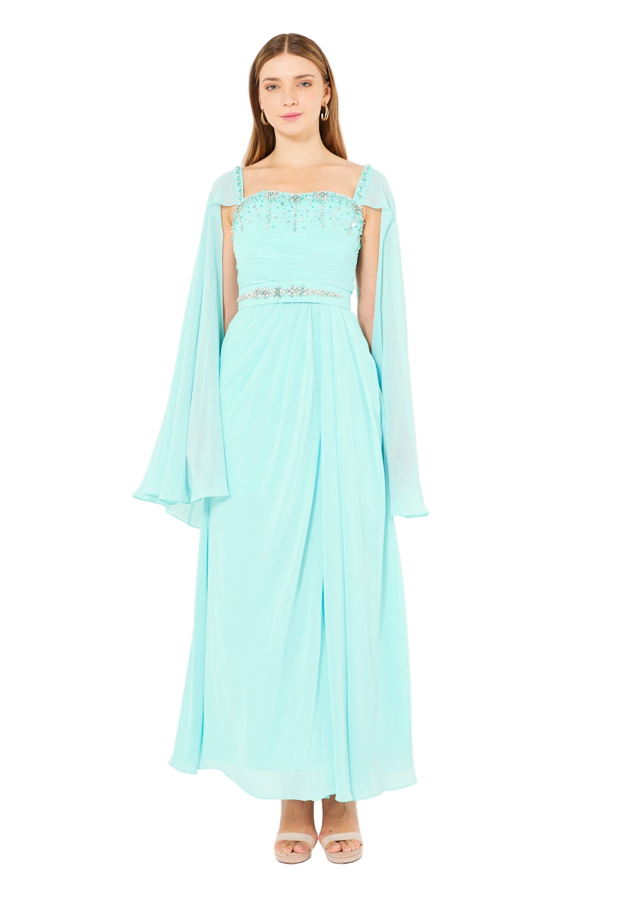 Beads Embellished Cape Sleeves Gown